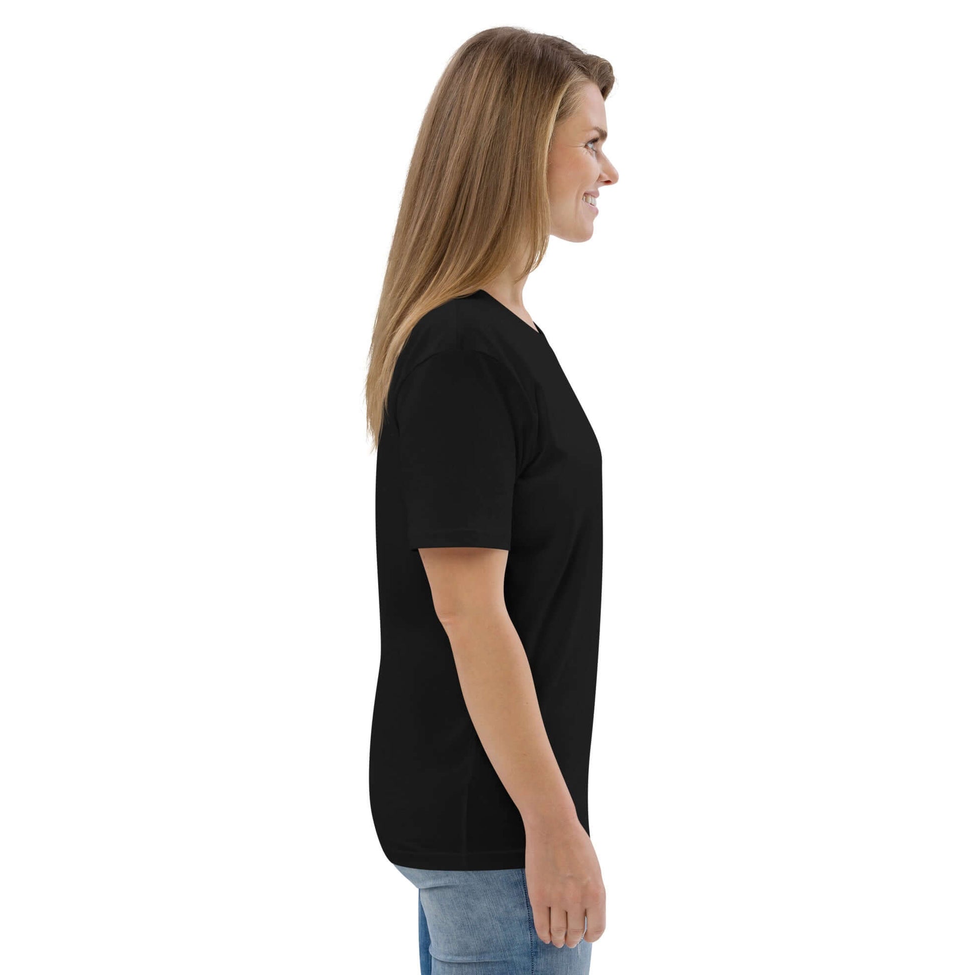 Side view of a model wearing a black Unisex-Bio-Baumwoll-T-Shirt N°1, made from 100% organic, ring-spun cotton, showcasing comfortable fit.