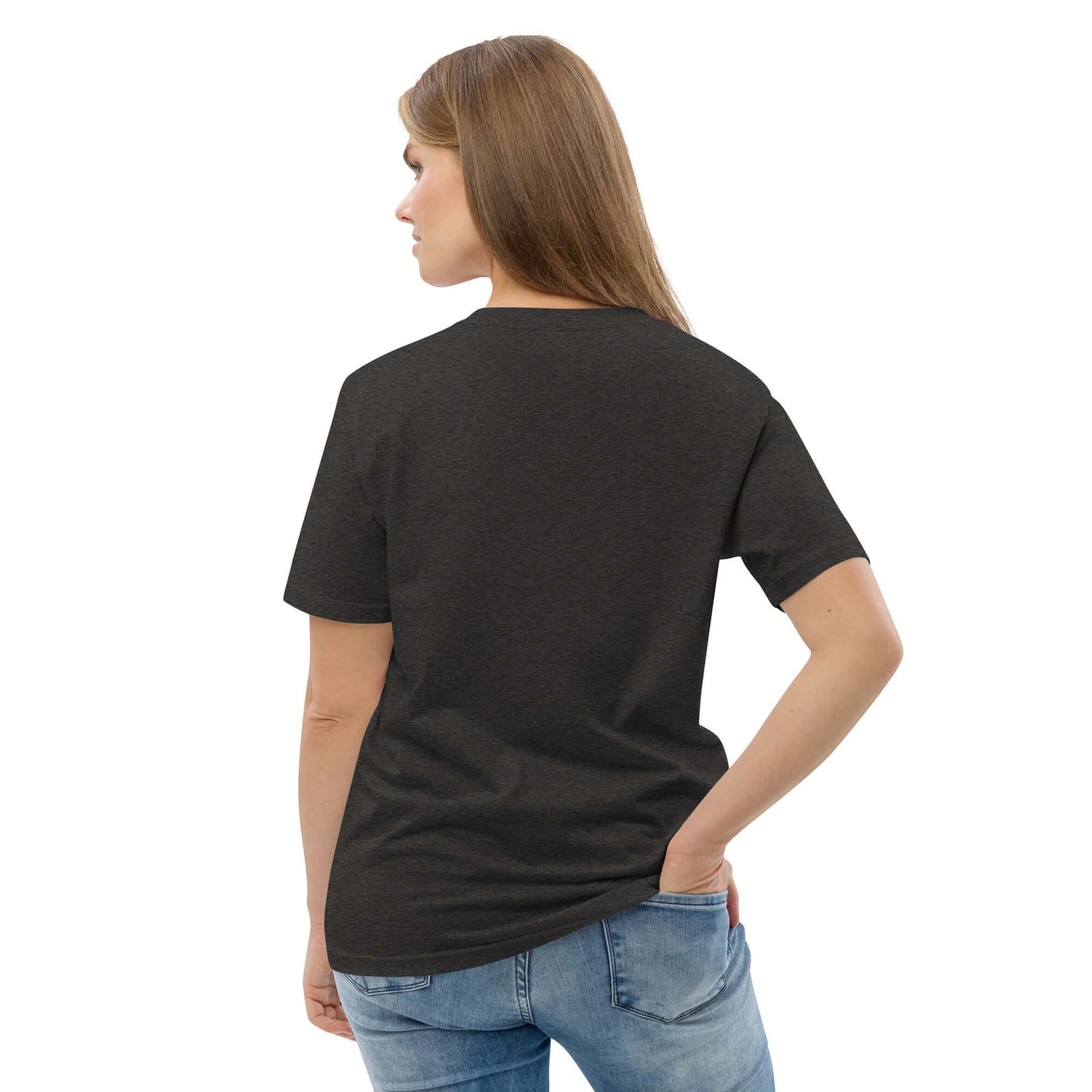 Woman wearing Unisex-Bio-Baumwoll-T-Shirt N°1 made from 100% organic, ring-spun cotton, showcasing eco-friendly fashion.