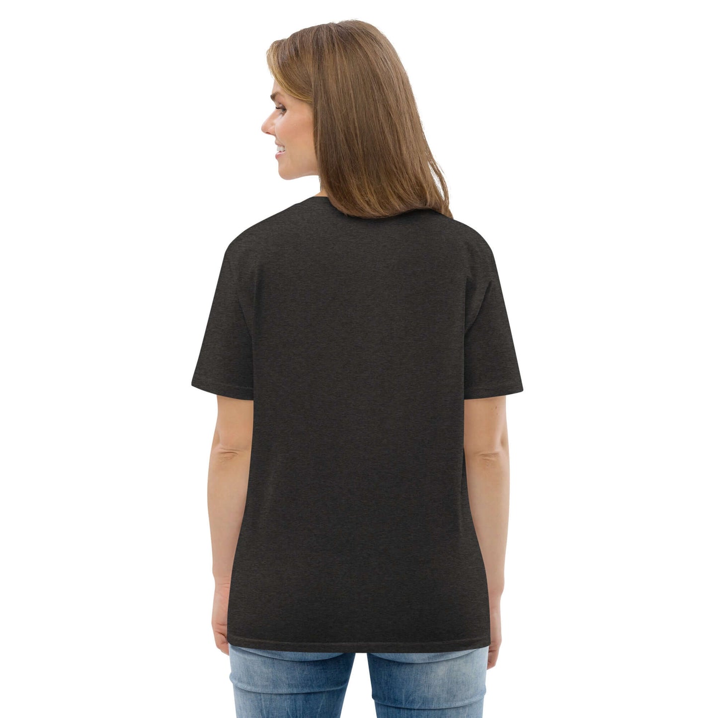 Back view of person wearing Unisex-Bio-Baumwoll-T-Shirt N°1 in black, made from 100% organic cotton, showcasing sustainability and comfort.