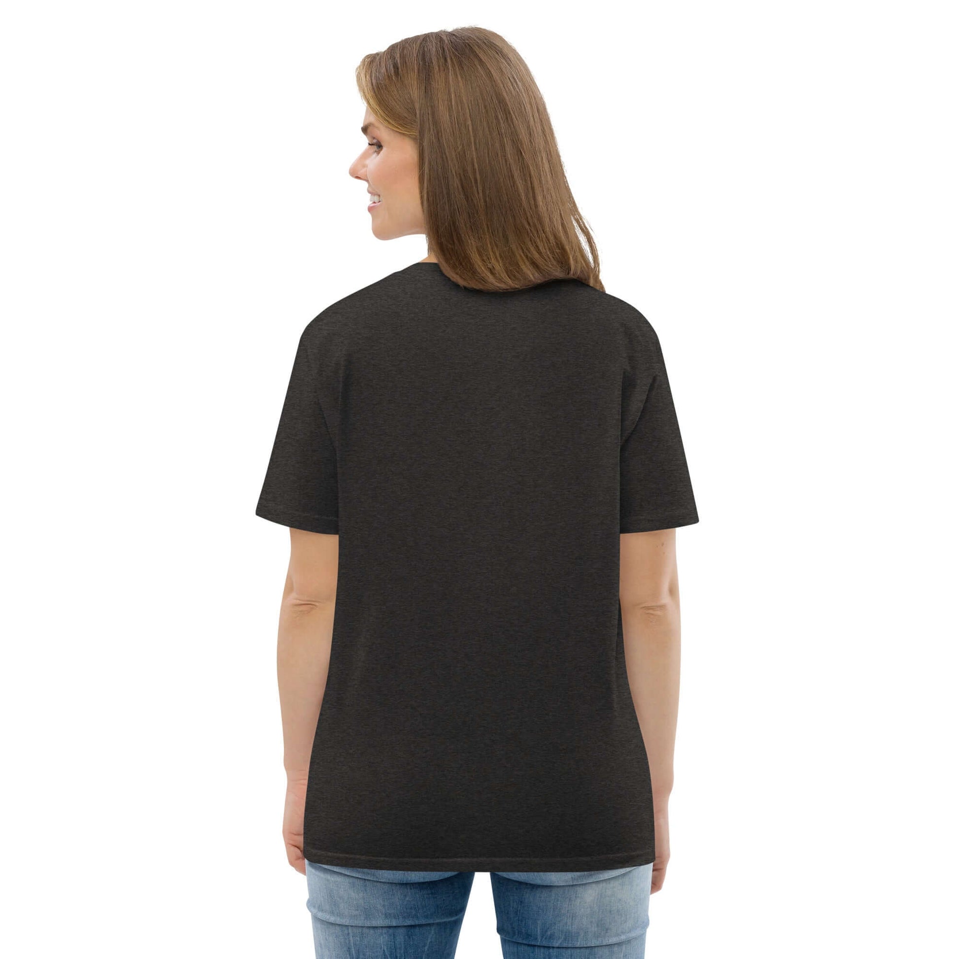 Back view of person wearing Unisex-Bio-Baumwoll-T-Shirt N°1 in black, made from 100% organic cotton, showcasing sustainability and comfort.