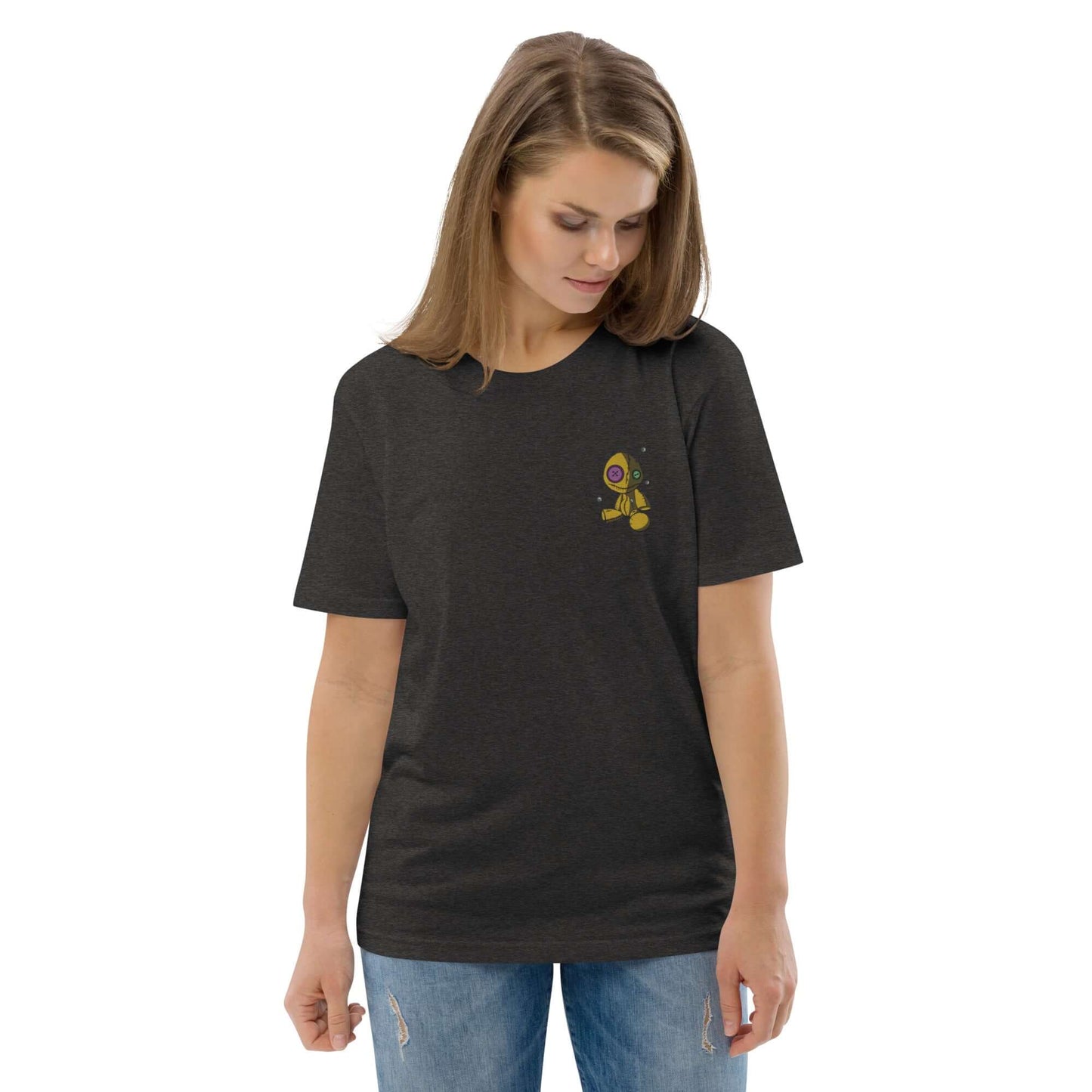 Unisex-Bio-Baumwoll-T-Shirt N°1 aus 100% organischer Baumwolle, schwarz, getragen von Frau, mittlere Passform, umweltfreundlich