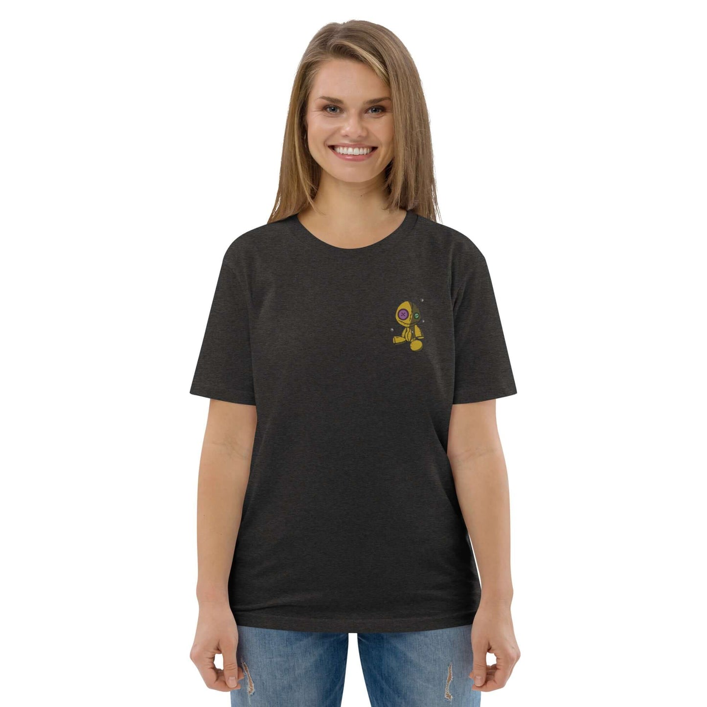 Woman wearing Unisex-Bio-Baumwoll-T-Shirt N°1, made from 100% organic cotton, featuring a comfortable fit and eco-friendly design.
