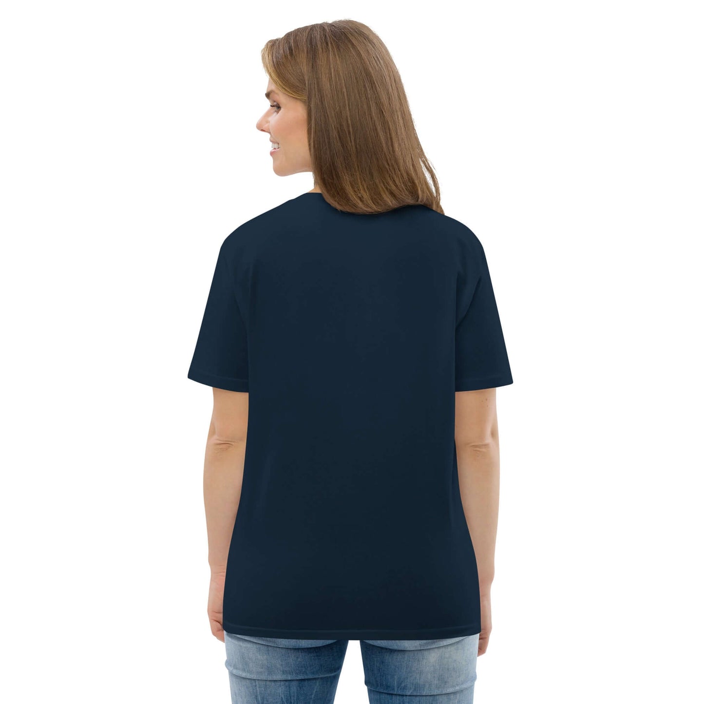 Person wearing Unisex-Bio-Baumwoll-T-Shirt N°1 in navy blue, showcasing back view.