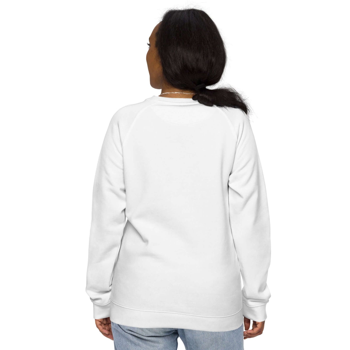 Back view of person wearing Unisex Bio-Raglan-Pullover N°3 with brushed fleece lining, highlighting comfort and style.
