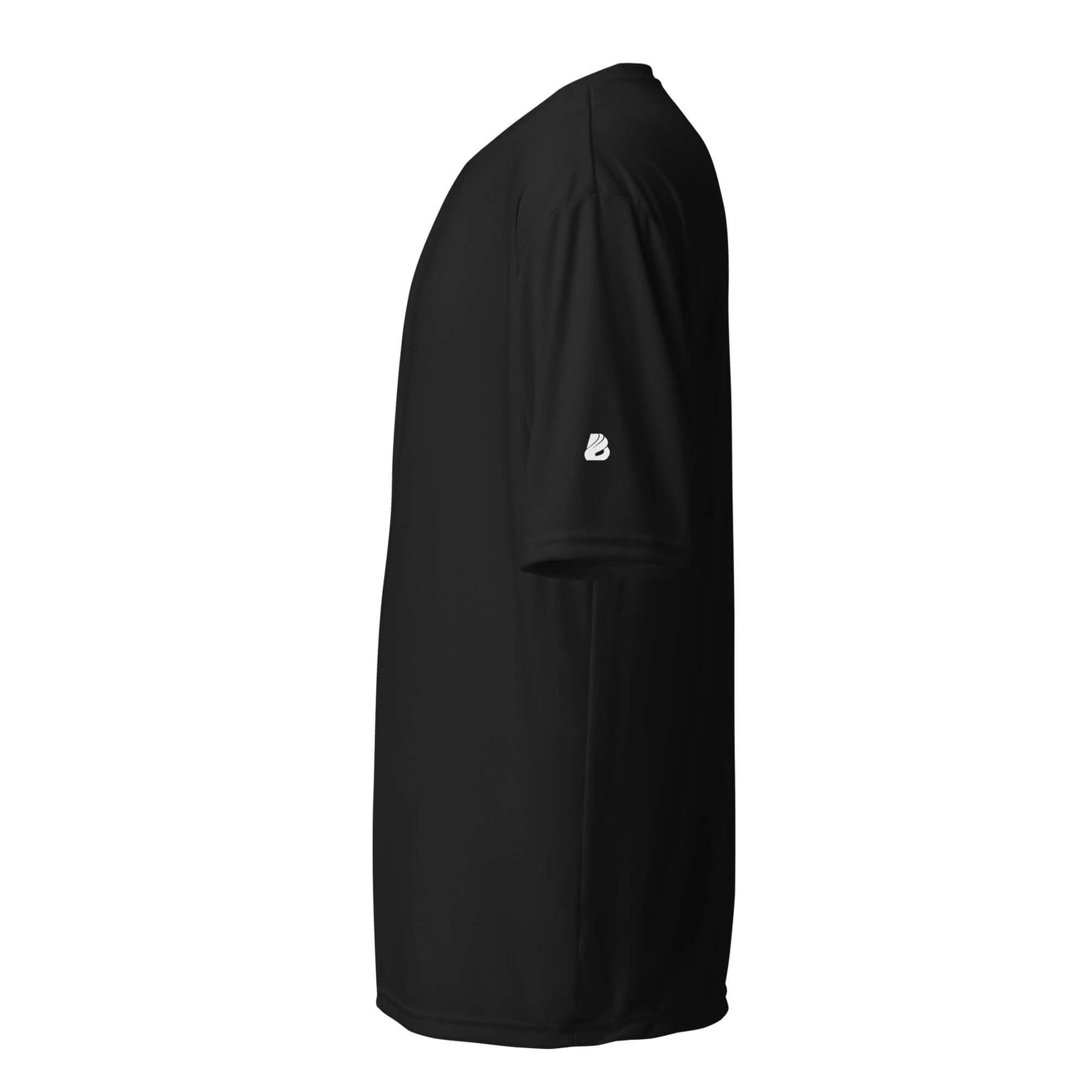 Unisex Performance T-Shirt mit Rundhalsausschnitt N°0 in schwarzer Seitenansicht, ideal für Sport und Outdoor-Aktivitäten.