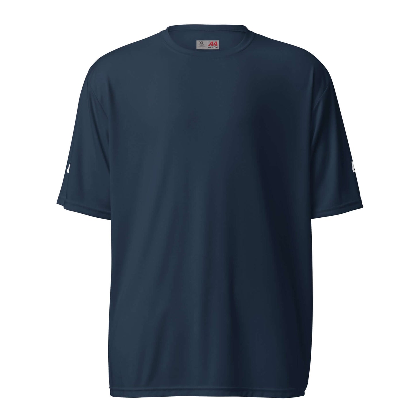 Navy blue Unisex Performance T-Shirt mit Rundhalsausschnitt N°0 made from moisture-wicking fabric.