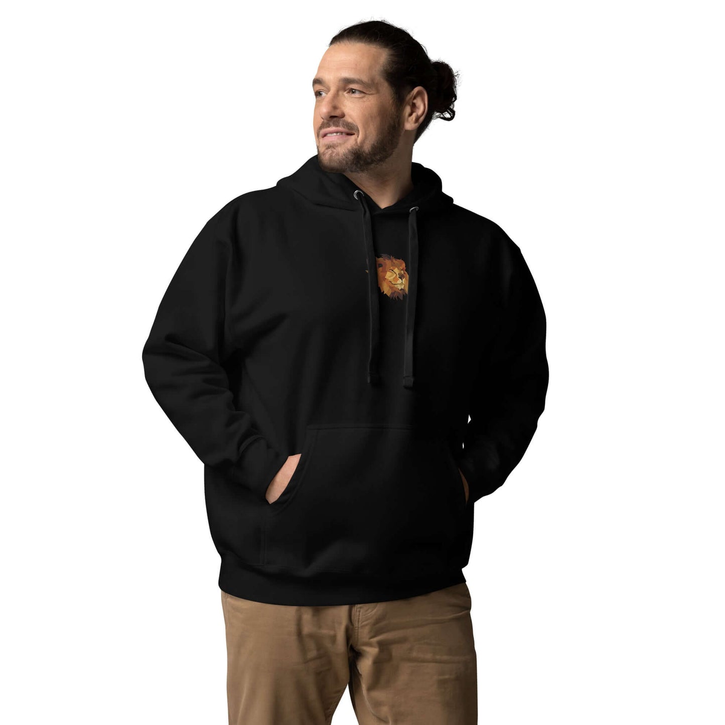 Man wearing Unisex-Kapuzenpullover N°48 with kangaroo pocket and warm hood, showcasing streetwear style.