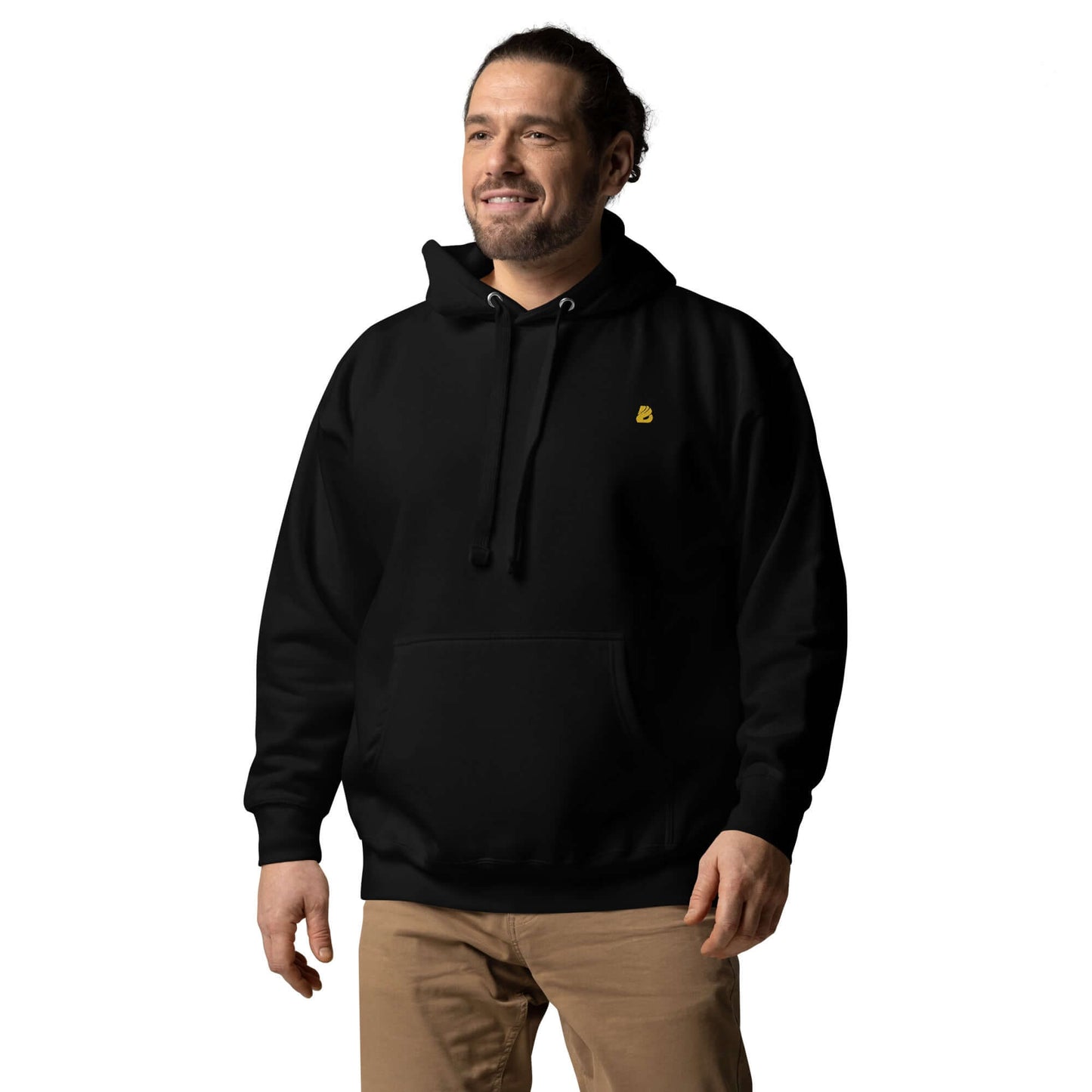 Man wearing Unisex-Kapuzenpullover N°50, a stylish black hoodie with front pocket and embroidered logo.