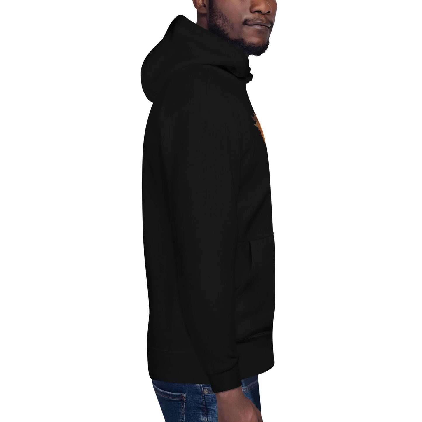 Unisex-Kapuzenpullover N°48 in black side view showcasing kangaroo pocket and hood ideal for cool evenings.