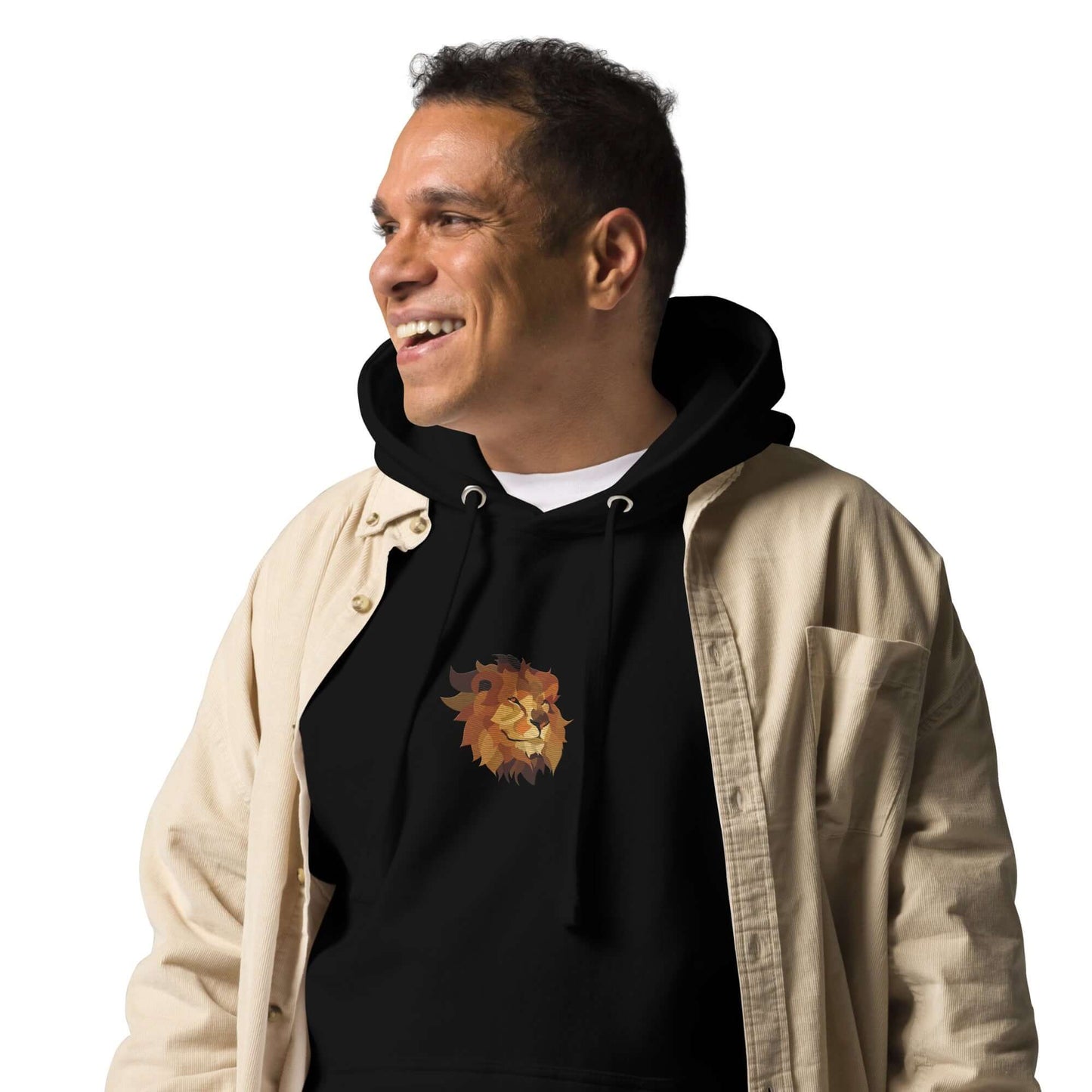 Person wearing Unisex-Kapuzenpullover N°48 with lion design, featuring a soft hood and kangaroo pocket, ideal for cool evenings.