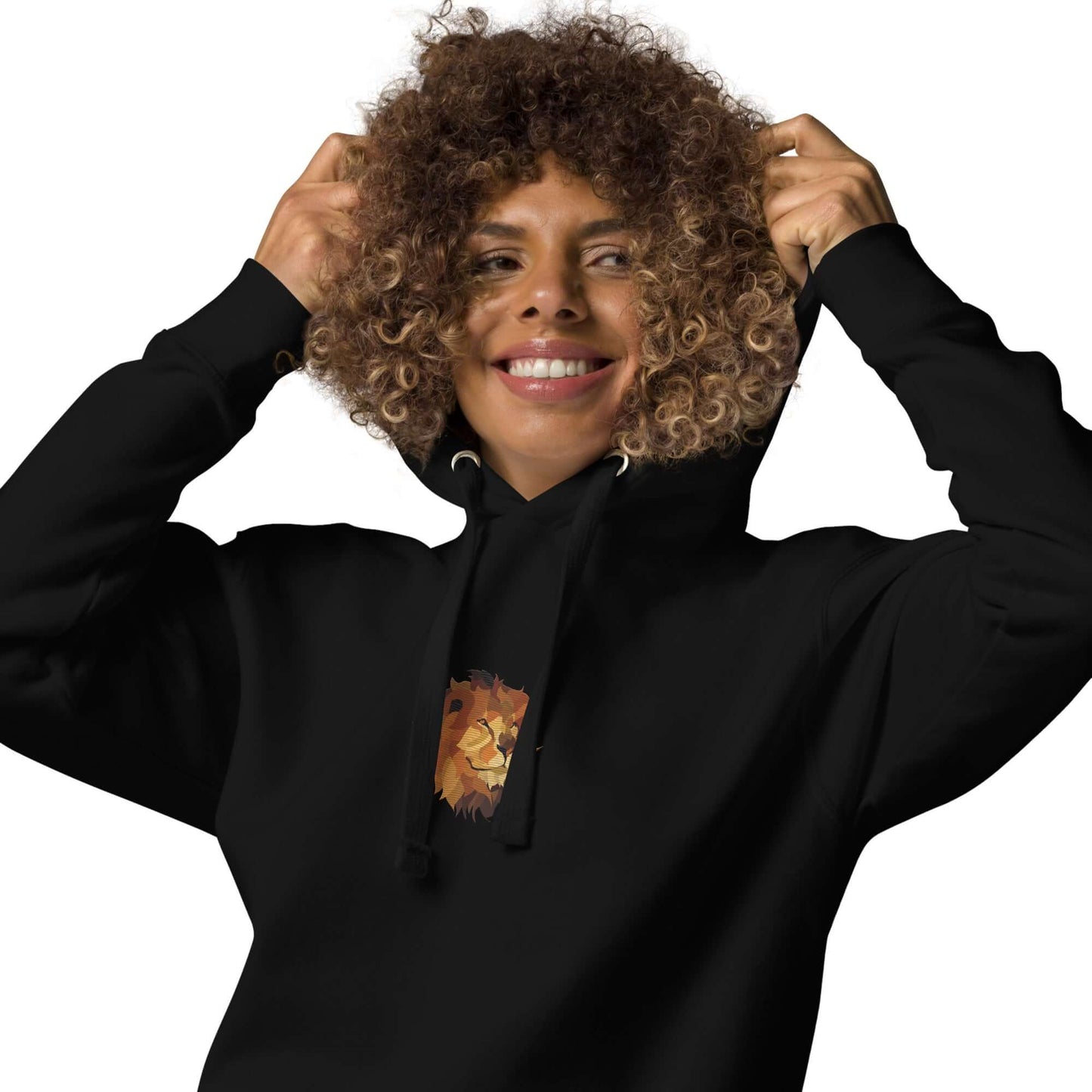 Smiling person wearing a Unisex-Kapuzenpullover N°48 with lion design, showcasing the soft streetwear hoodie with kangaroo pocket.