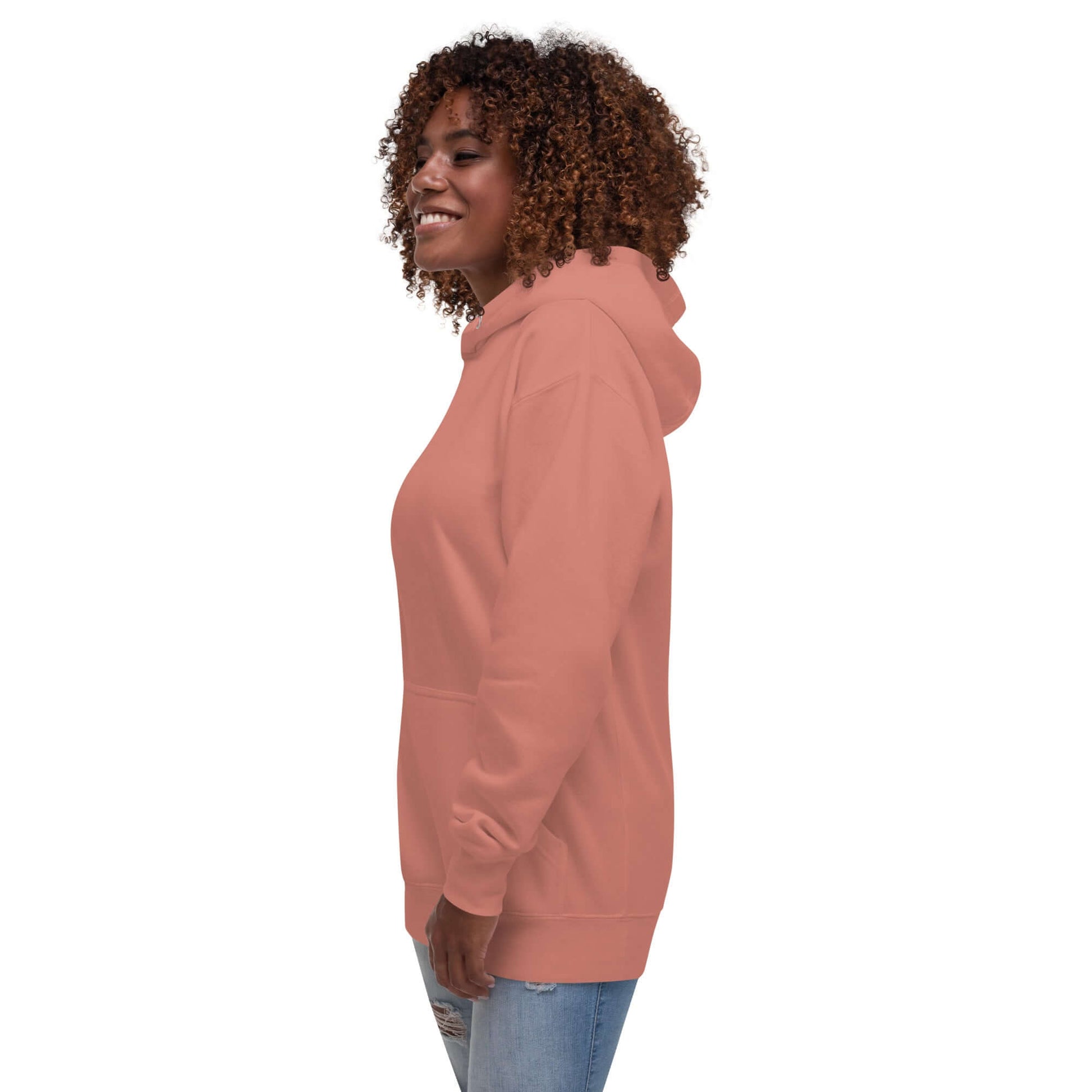 Unisex-Kapuzenpullover N°49 in pink, seitliche Ansicht, weiche Baumwollmischung mit praktischer Beuteltasche, warmer Kapuze.