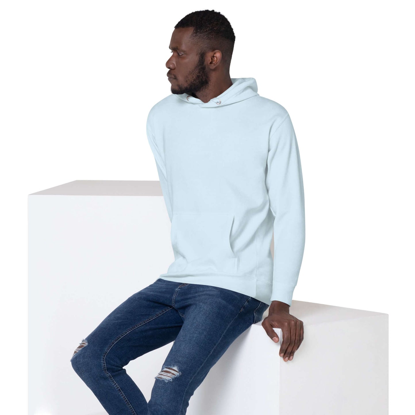 Unisex-Kapuzenpullover N°49 in soft blue, featuring a comfortable design, practical pocket, and warm hood, perfect for cool evenings.
