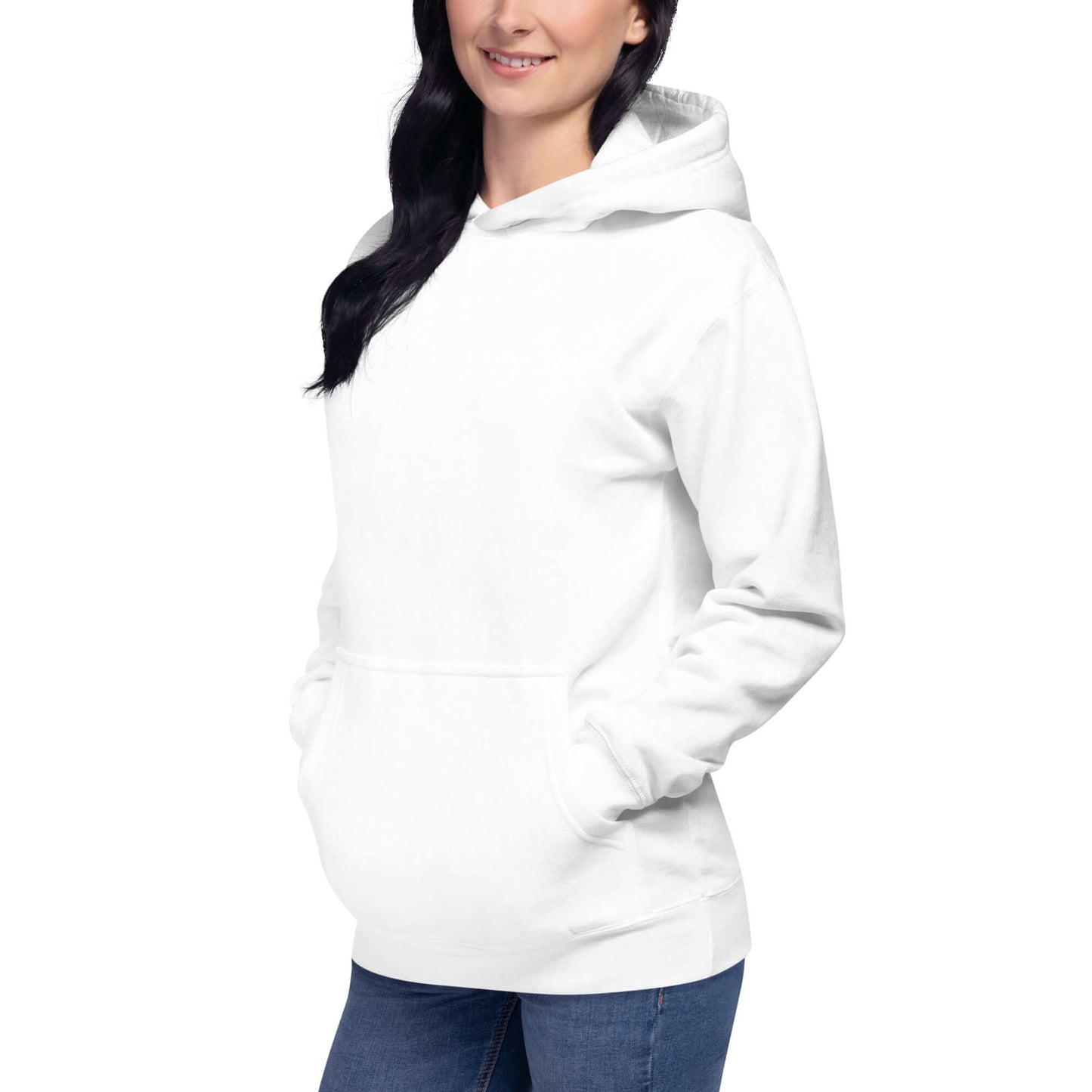 Unisex-Kapuzenpullover N°49 in weißer Farbe mit praktischer Beuteltasche und warmer Kapuze, streetwear Design, getragen von Model.