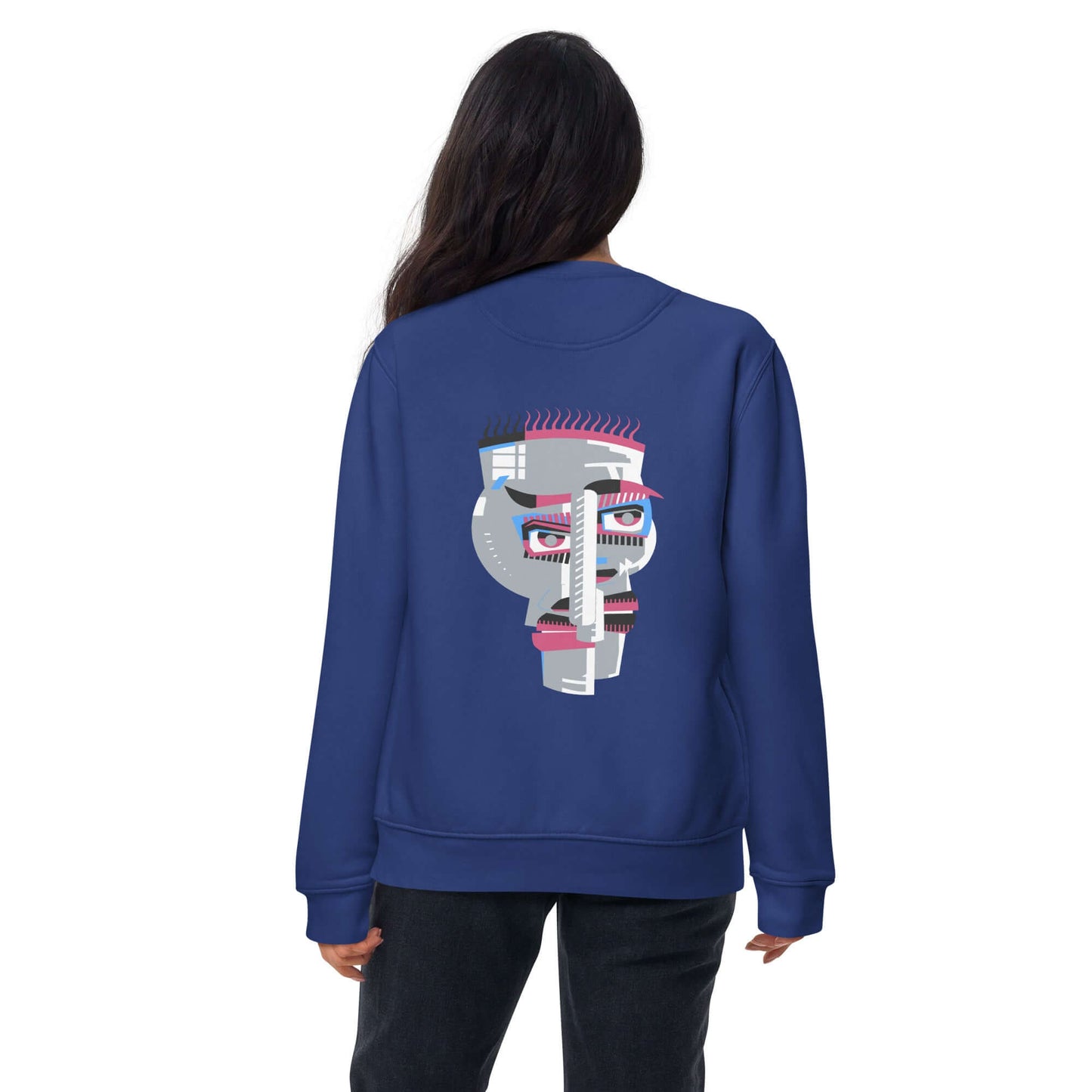 Back view of woman wearing Unisex-Premium-Pullover N°1 with unique abstract graphic design, showcasing a stylish streetwear look.