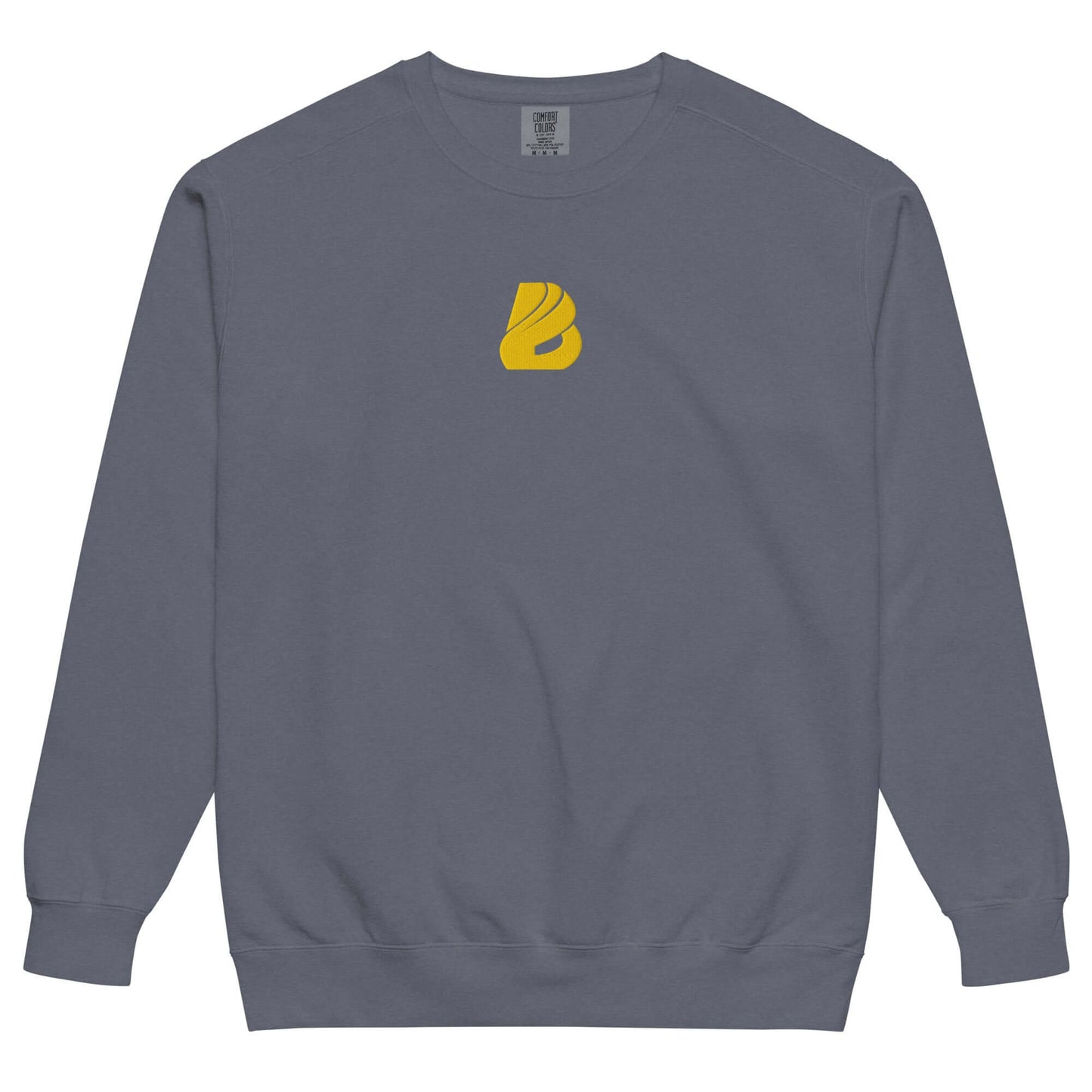 Unisex pullover in grey with a yellow logo, featuring a relaxed fit and soft vintage feel.