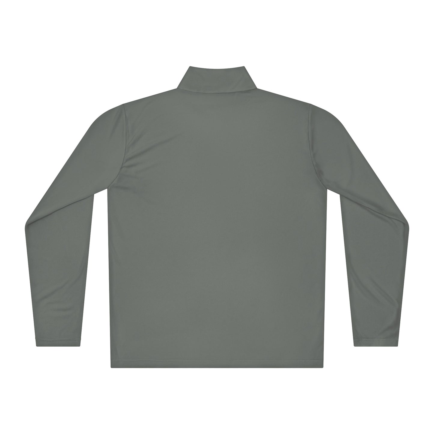 Back view of a lightweight gray quarter-zip pullover showcasing smooth polyester fabric and simple cuffs, ideal for layered outfits.