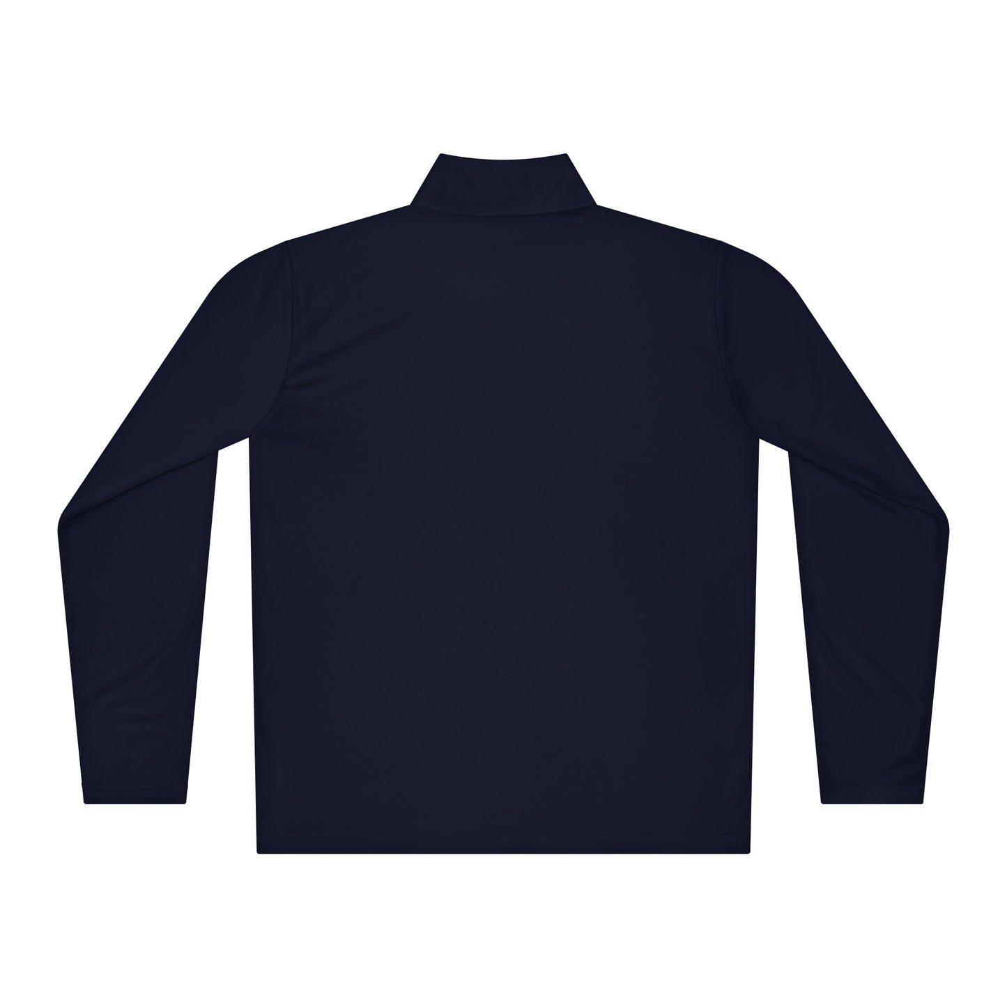 Back view of a lightweight navy pullover with quarter-zip, showing its smooth fit and simple cuffs, ideal for layering.