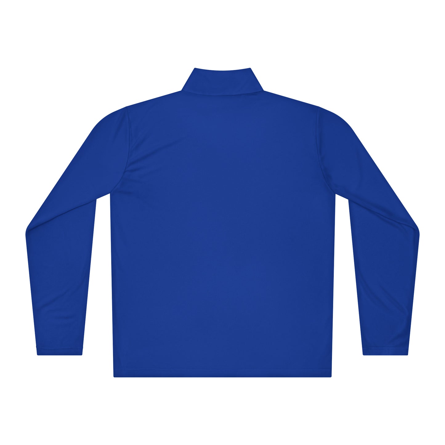 Rückseite eines blauen leichten Pullovers mit Viertel-Reißverschluss, ideal für Sport und Alltag, feuchtigkeitsableitend und bequem