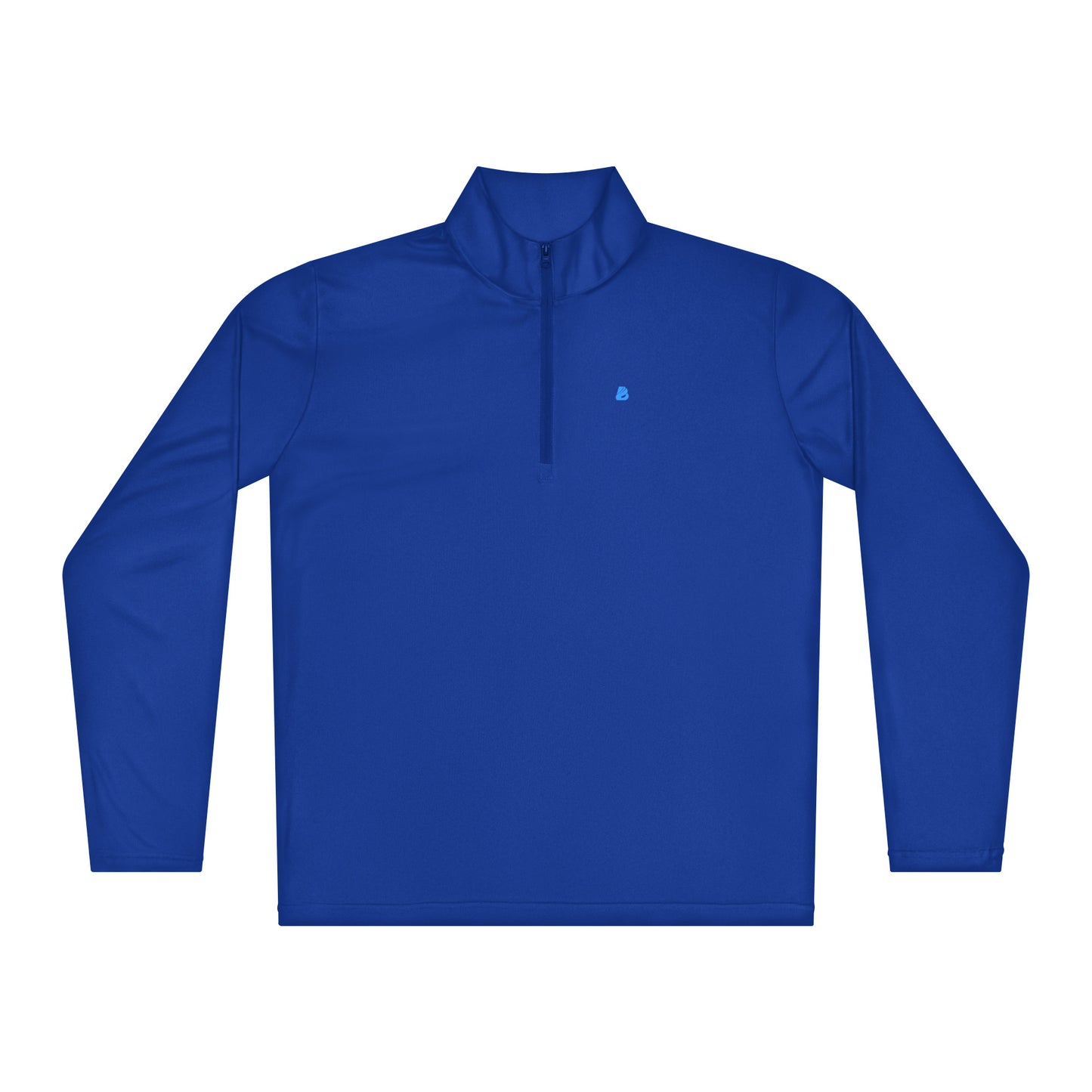 Ultraleichter blauer Pullover mit Viertel-Reißverschluss aus 100% Polyester, ideal für Sport und Freizeit, farbbeständig und feuchtigkeitsableitend.