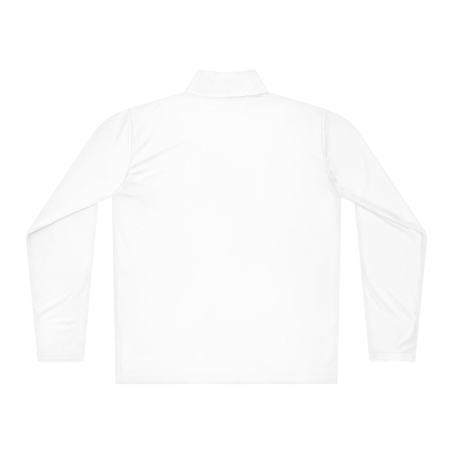 Rückansicht eines weißen leichten Pullovers mit Viertel-Reißverschluss, ideal für Schichtenlook, aus 100 % Polyester, langärmlig.