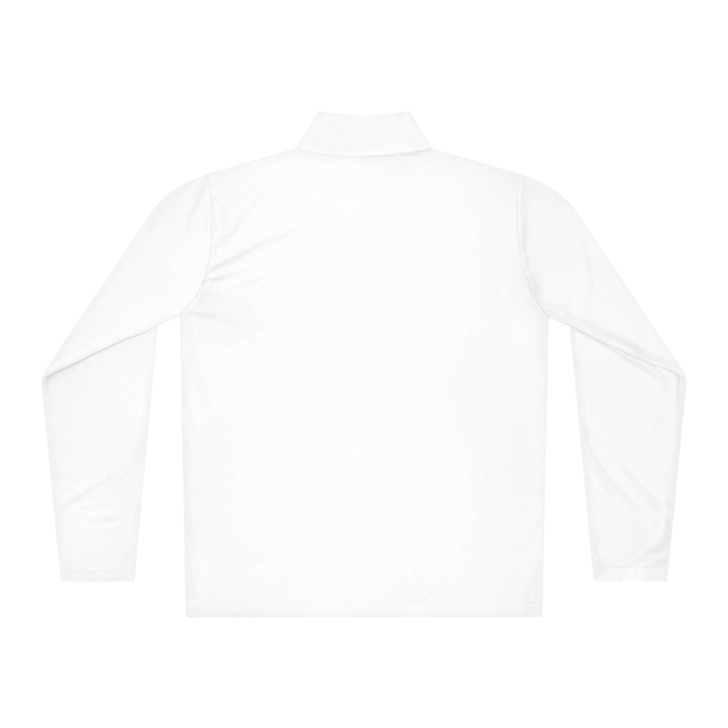 Rückansicht des weißen Leichter Pullover mit Viertel-Reißverschluss, ideal für Mehrlagenlooks. Hergestellt aus 100% Polyester.