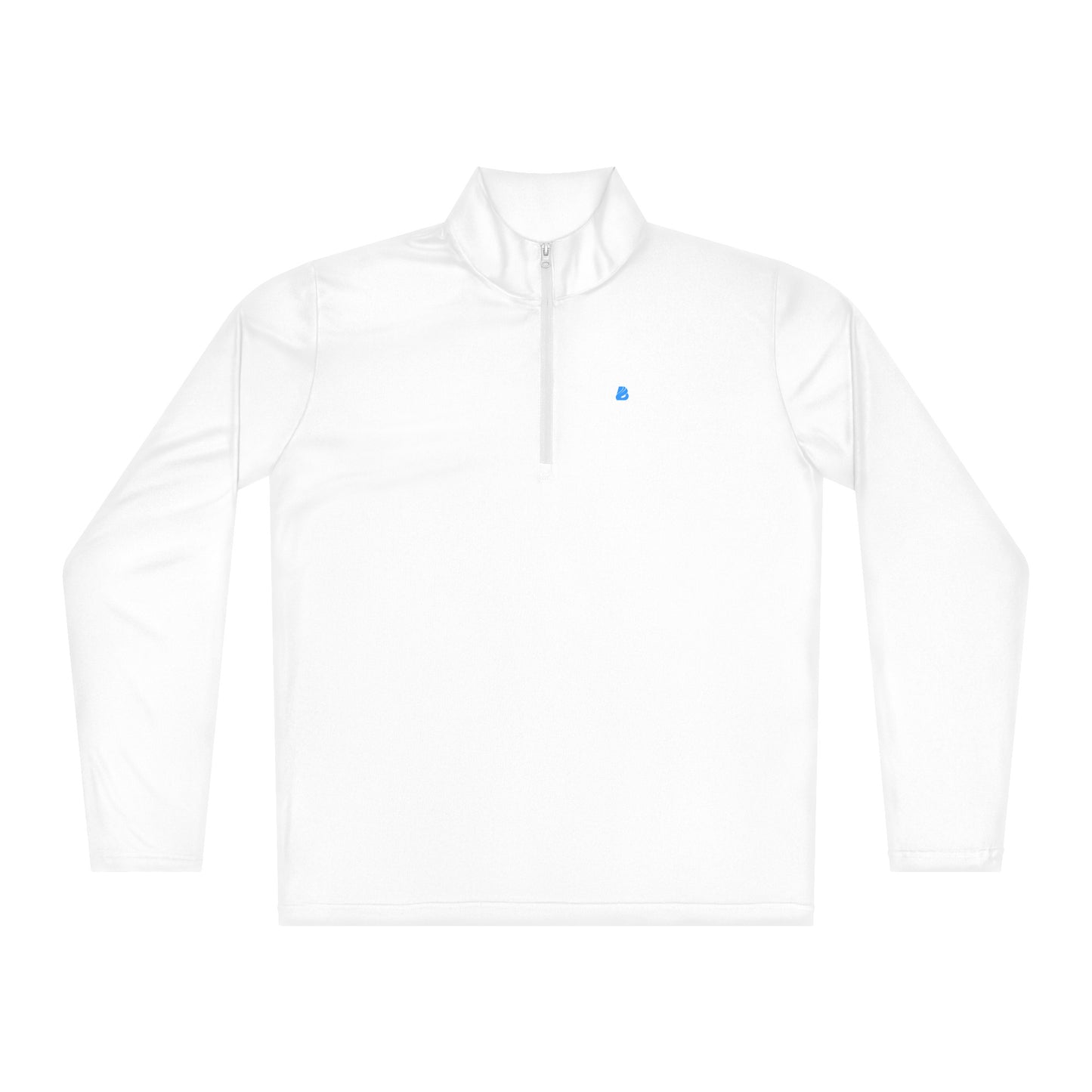 White lightweight quarter-zip pullover made from 100% polyester, featuring smooth fit and moisture-wicking properties.