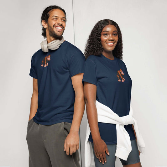 Couple wearing navy DryBlend® T-Shirt with animal print design, showcasing modern fit and moisture-wicking material, standing in casual pose.