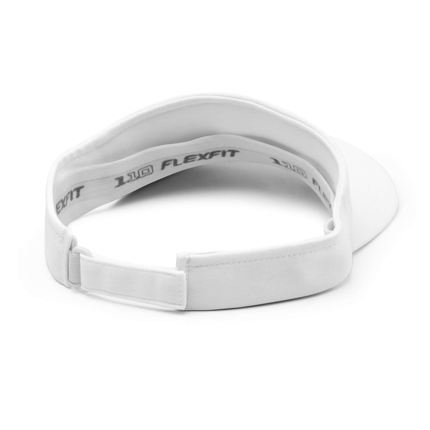 Visor N°1 in white color with adjustable Velcro closure and moisture-wicking fabric, designed to protect eyes from sun and sweat.