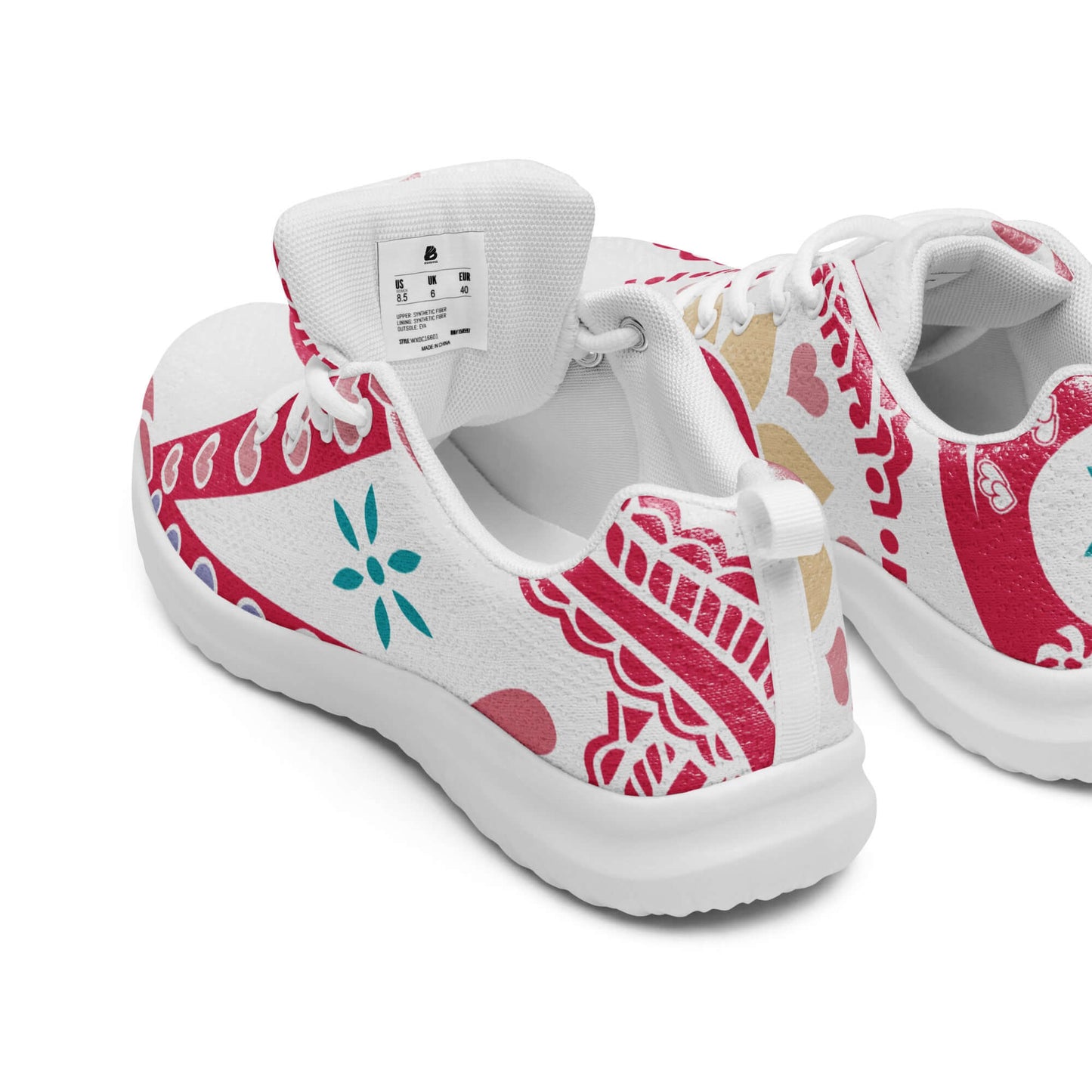 Stylish Damen-Turnschuhe N°2 with vibrant red and white pattern, featuring breathable lining and cushioned collar for comfort.