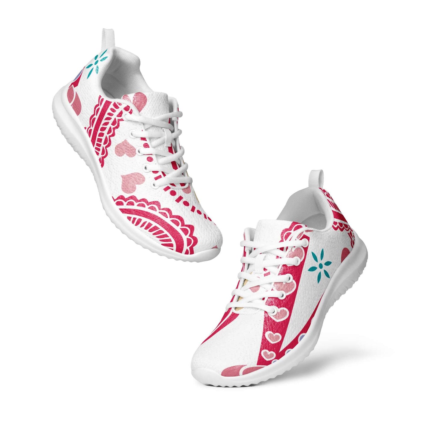 Damen-Turnschuhe N°2, weiß mit rotem und blauem Muster, atmungsaktiv und bequem für lange Tage, aus ultraleichtem Flyknit-Material.