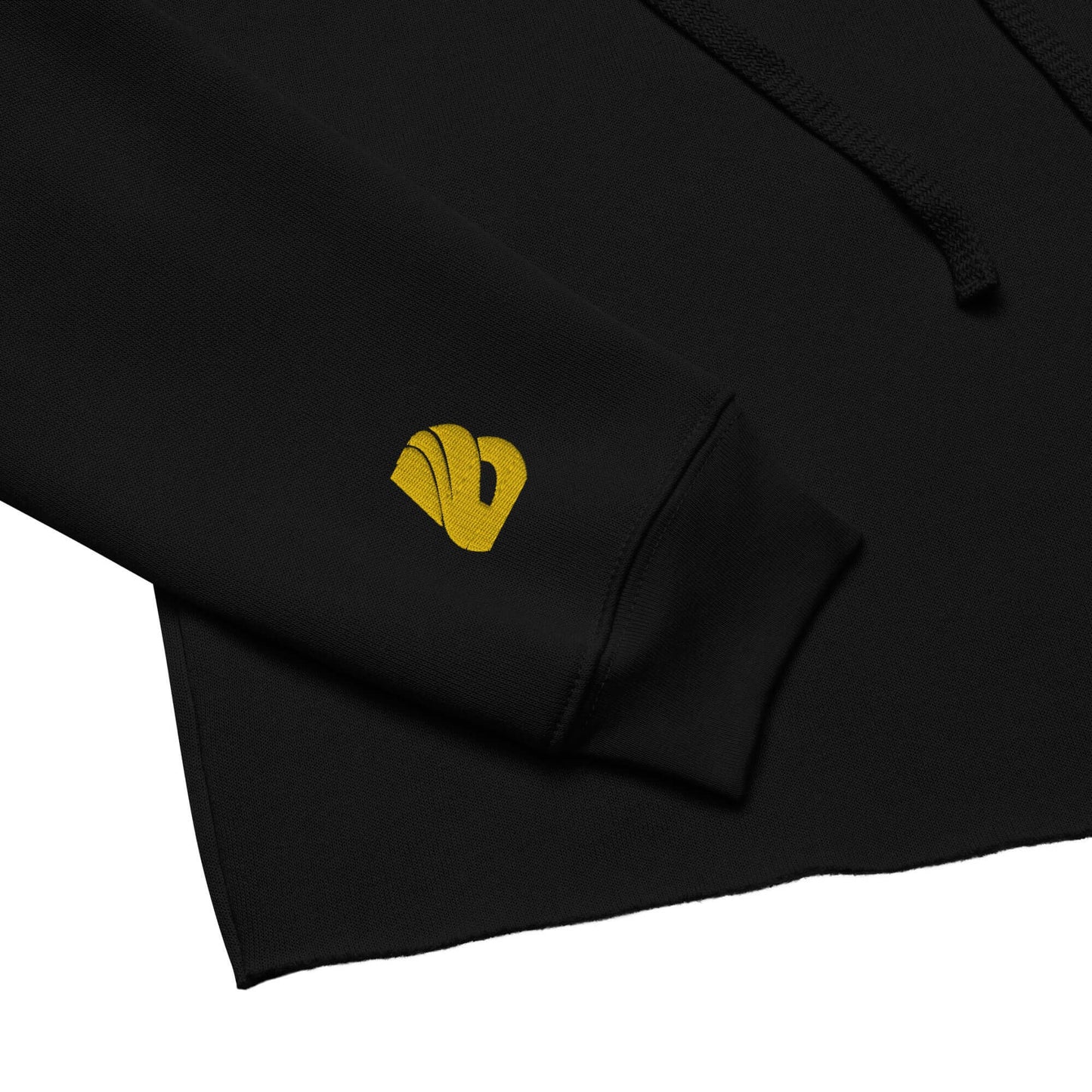 Crop-Hoodie N°1 in black with yellow logo, featuring open hem and matching drawstrings, made of breathable cotton and polyester fleece.