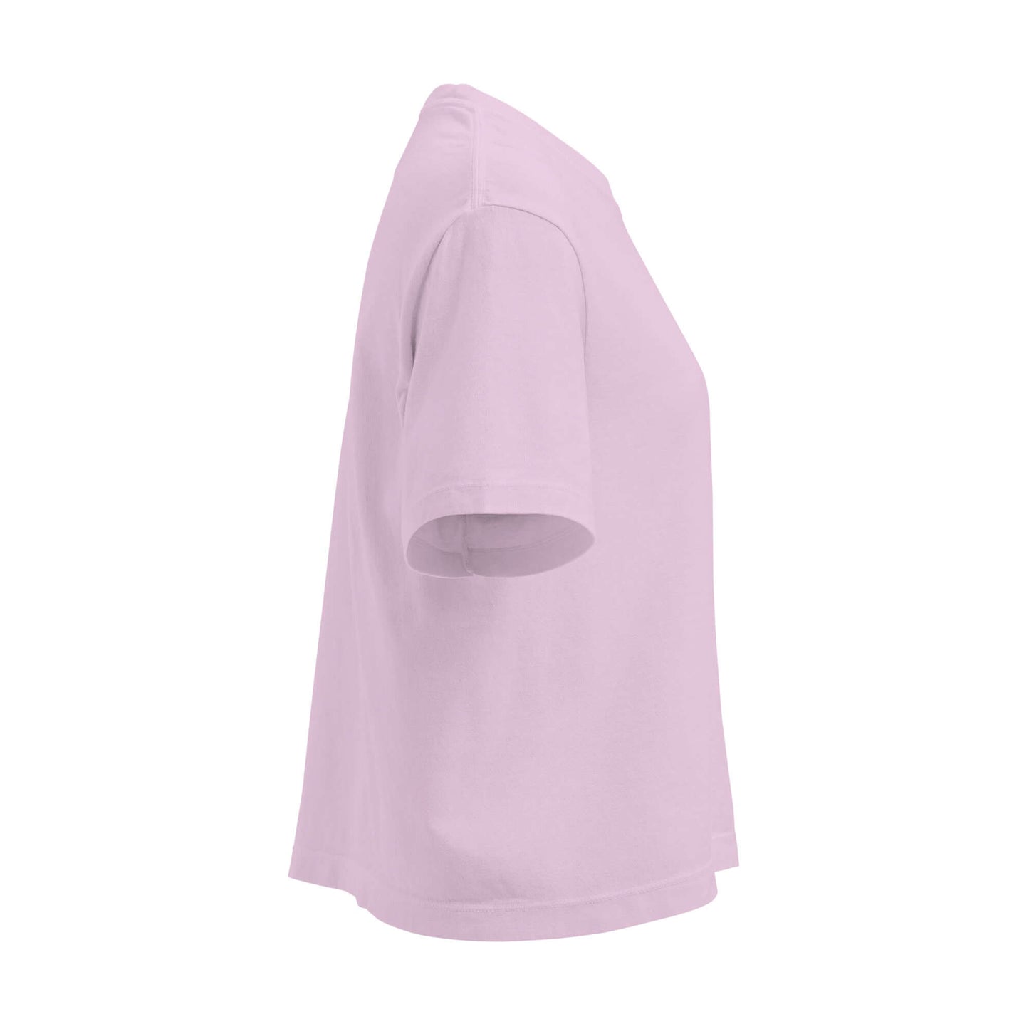 Seitenansicht von Schweres Damen T-Shirt im Boxy-Schnitt in Pastellfarbe, aus 100% Baumwolle, geeignet für Komfort und Stil.