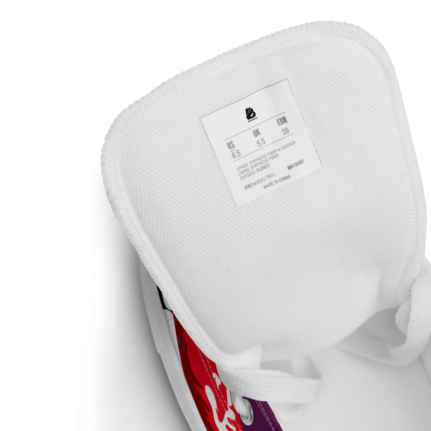 Detailaufnahme der Innensohle eines Sneakers mit Größenangaben und Farbdetails.
