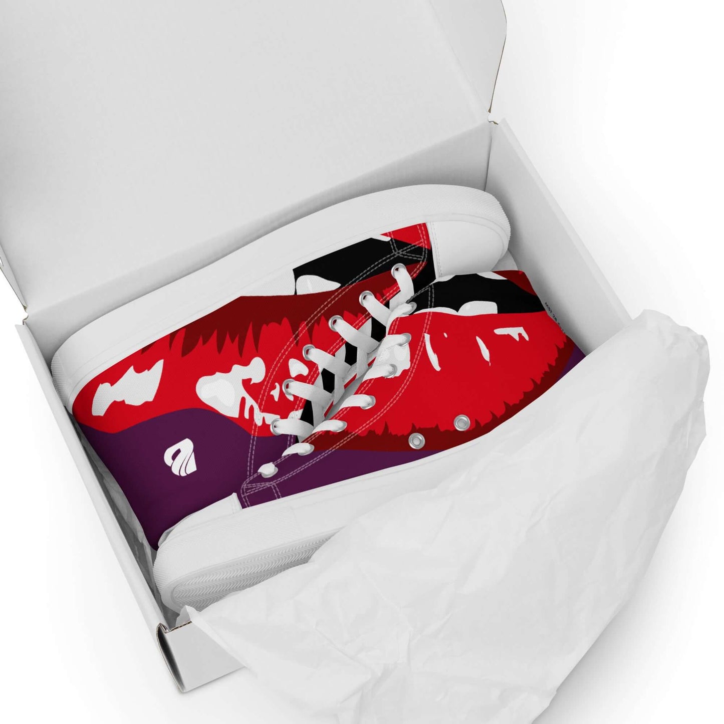 Hochformatige Leinenschuhe für Damen in Rot und Schwarz, präsentiert in einer weißen Schuhbox.
