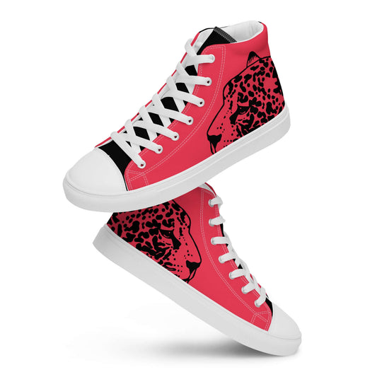 High-Top Leinenschuhe für Damen N°3 mit Leopardenmuster, rote Schuhe, weiße Schnürsenkel und Gummisohle, atmungsaktives Futter