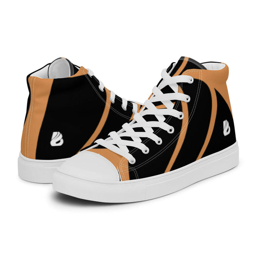 High-Top Leinenschuhe für Damen N°1 in Schwarz und Orange mit weißen Schnürsenkeln, Gummisohle und Kunstleder-Zehenkappe.
