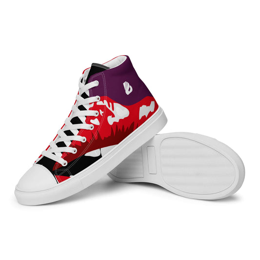 Red and purple High-Top Leinenschuhe für Damen N°2 with abstract design and white laces, showcasing side and sole view.