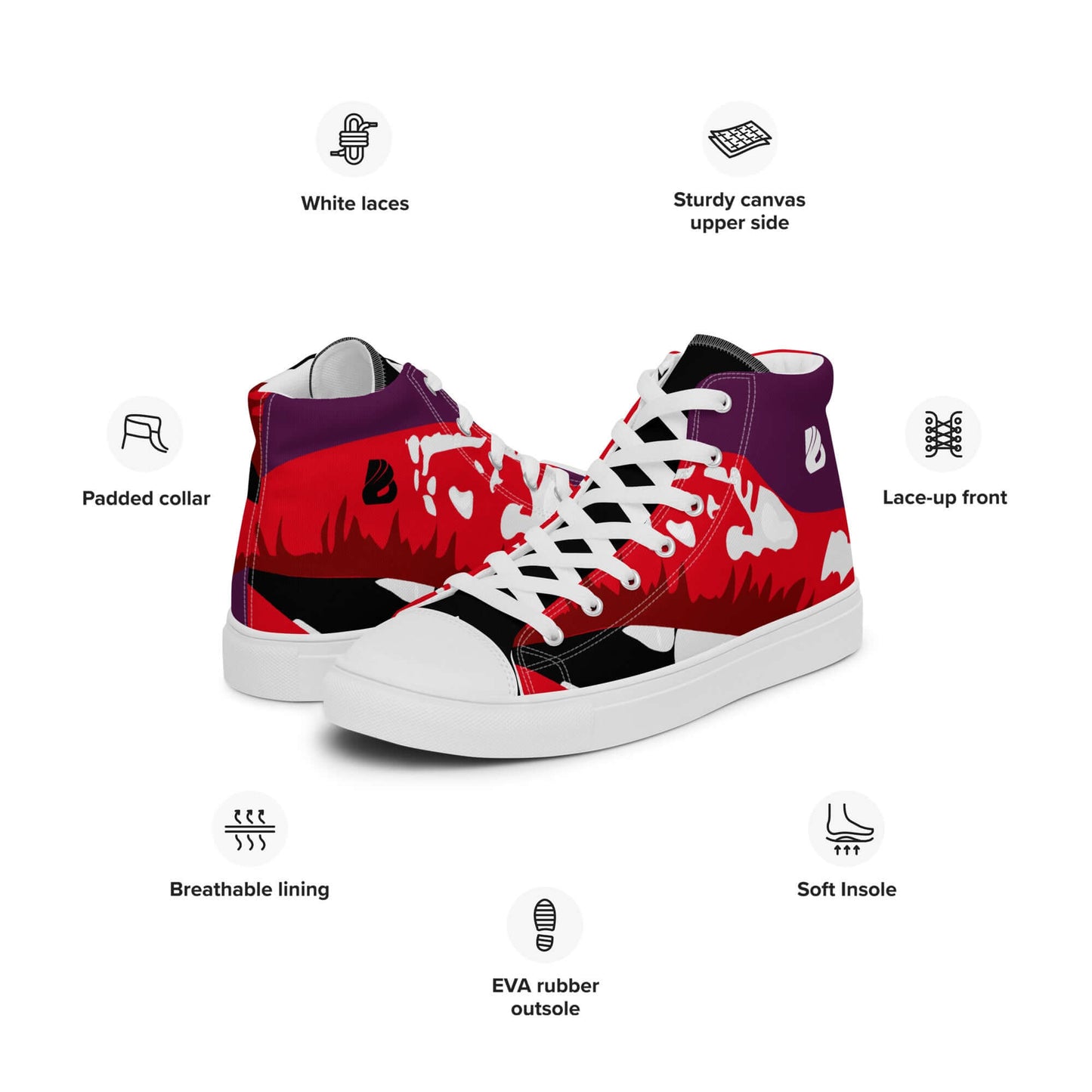 High-top canvas shoes for women with padded collar, white laces, and vibrant red design, featuring EVA rubber outsole.
