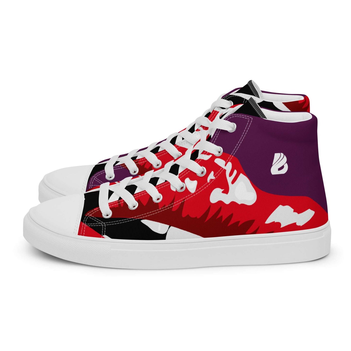 Hochwertige High-Top Leinenschuhe für Damen in auffälligem Rot- und lila Design mit weißen Schnürsenkeln.