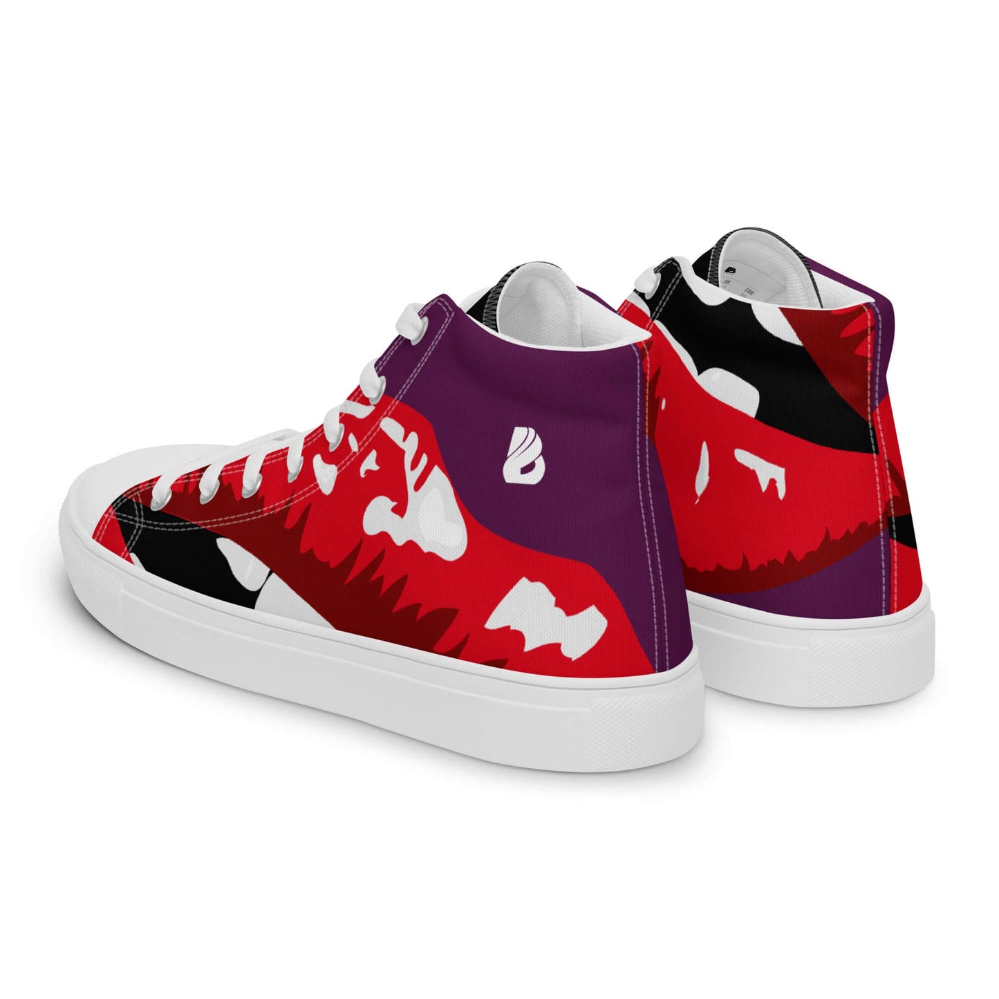 Stylish high-top sneakers with bold red and purple design, featuring white laces and a cushioned collar.