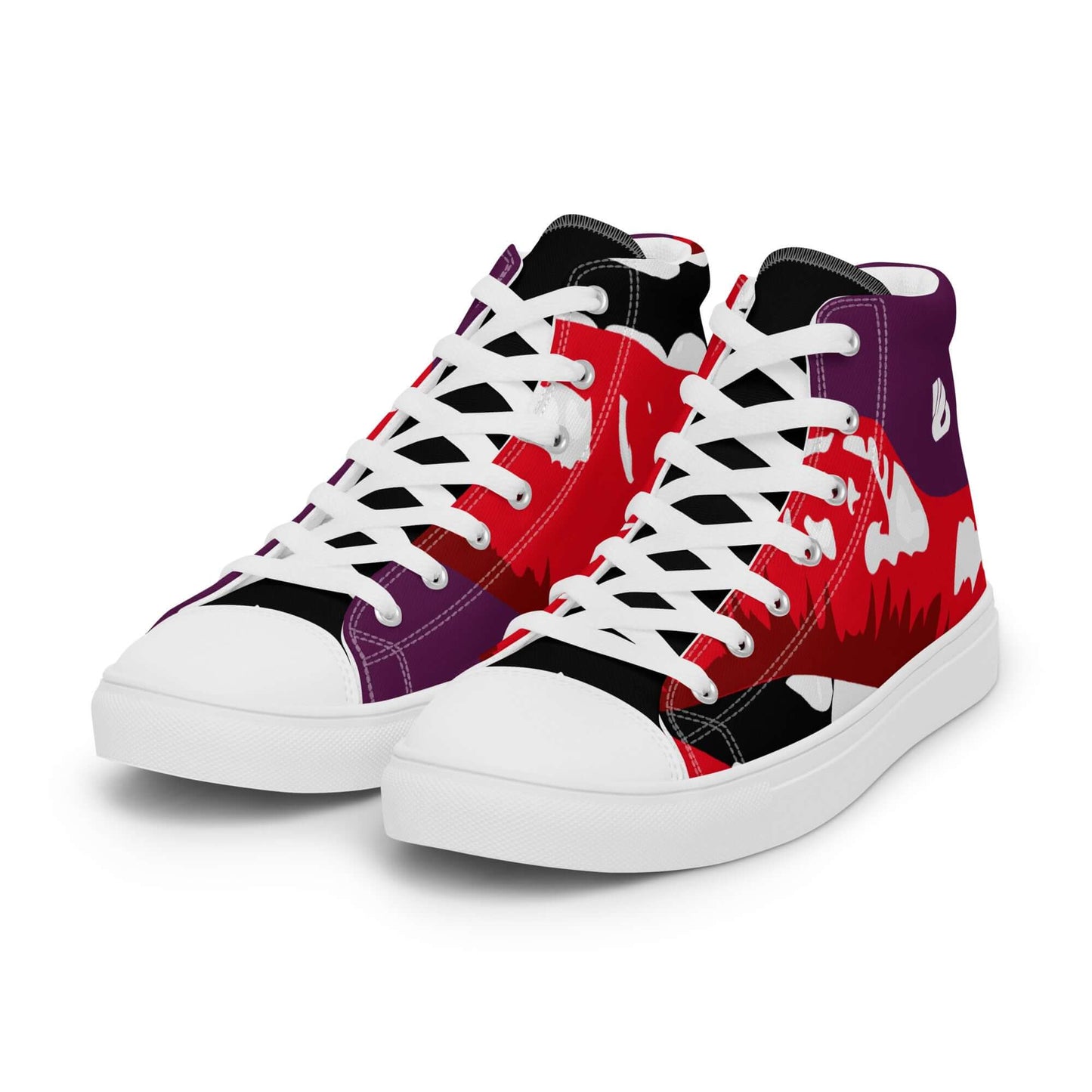 High-top Leinenschuhe für Damen in buntem Design mit weißen Schnürsenkeln und Gummisohle.