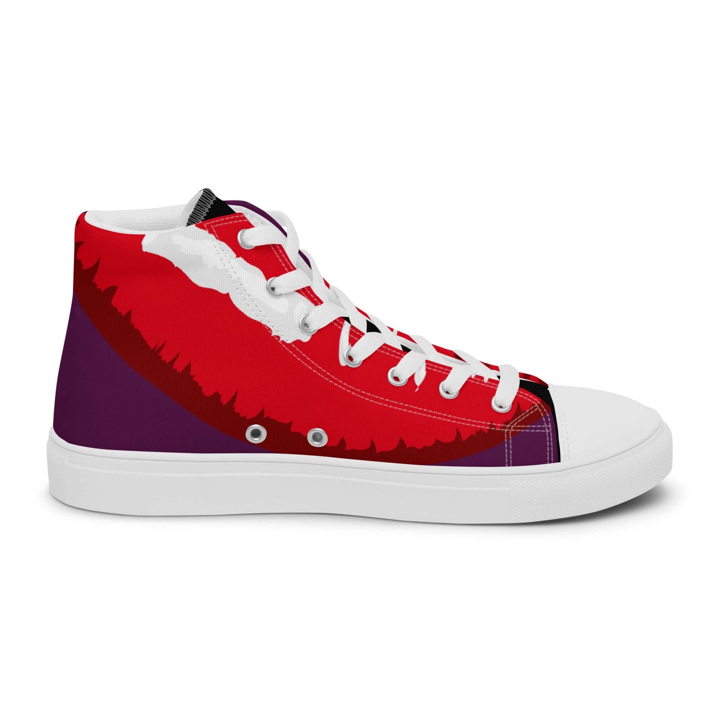 Hochschnitt Leinenschuhe für Damen in Rot und Lila mit weißen Schnürsenkeln und sportlichem Design.