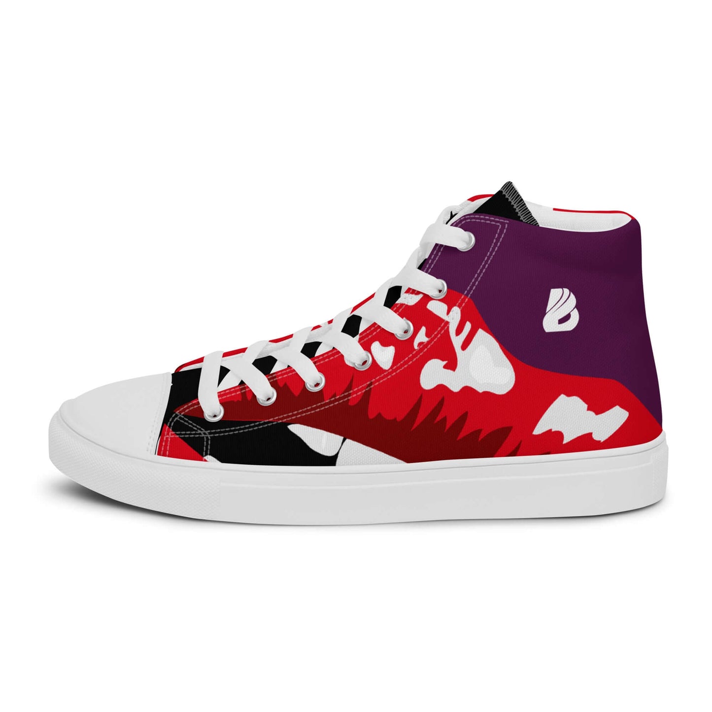 Bunte High-Top Leinenschuhe für Damen mit weißer Schnürung und stilvollem Design in Rot und Schwarz.