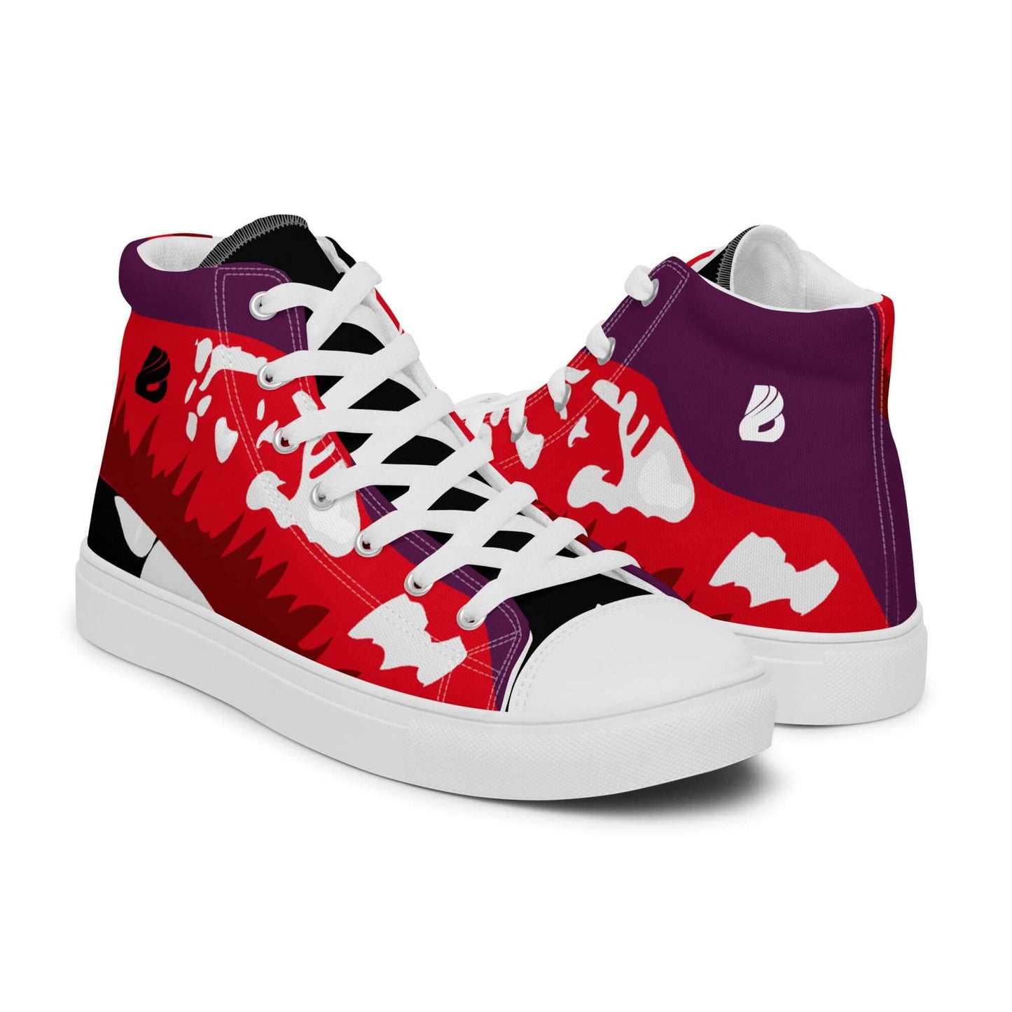 Stylish high-top canvas shoes for women in bold red and purple design with white laces.