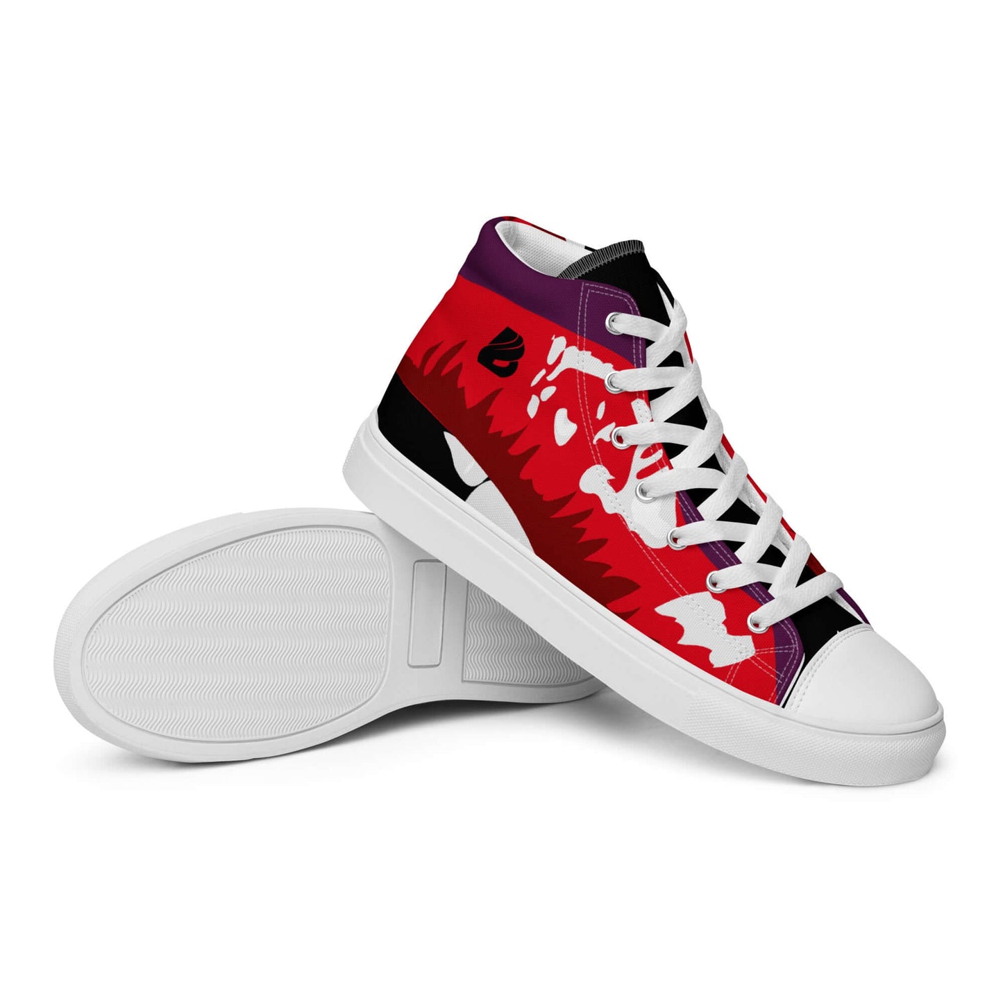 Hochformat Leinenschuhe für Damen mit rotem und schwarzem Design, Gummisohle und weißen Schnürsenkeln.