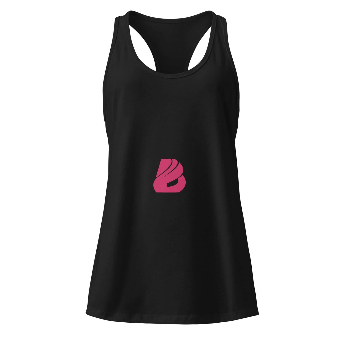 Ideales Racerback-Tanktop für Damen in Schwarz mit pinkem Logo, perfekt für Fitness und Freizeit, leicht und atmungsaktiv.