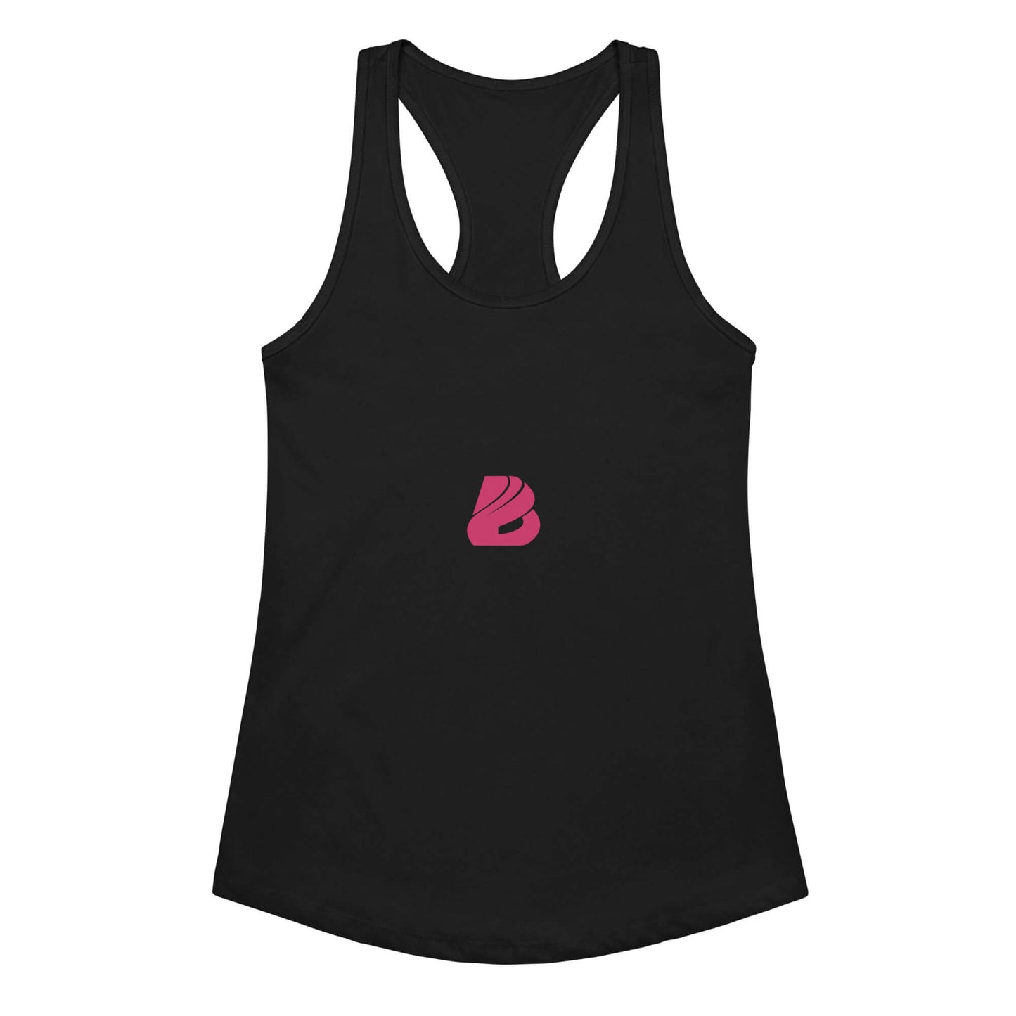Ideales Racerback-Tanktop für Damen in Schwarz mit rosa Logo, weich und dehnbar, perfekt für Fitness oder Freizeit.
