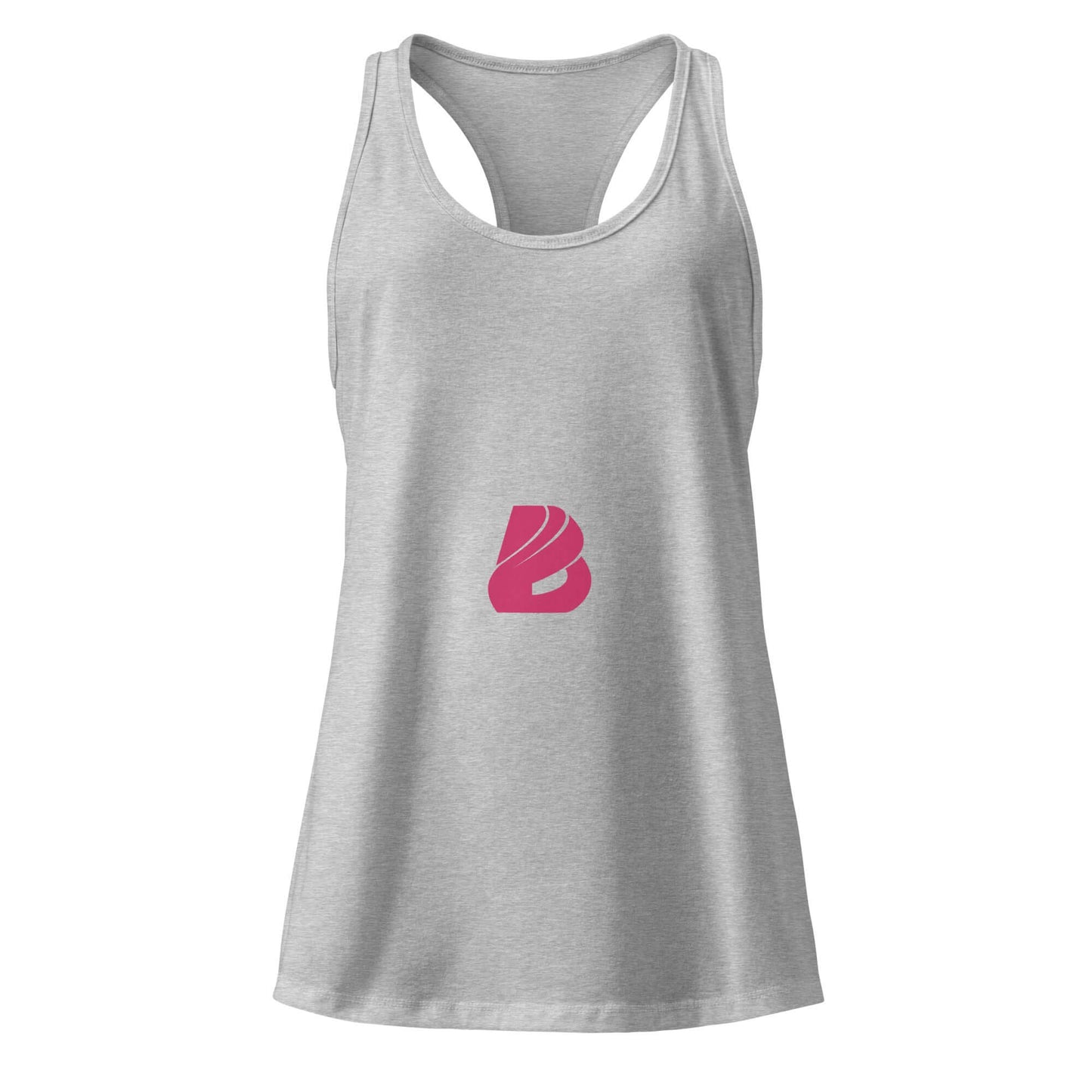 Ideales Racerback-Tanktop für Damen in grau, mit dezentem Schnitt und pinkem Logo – perfekt für Fitness und Alltag.