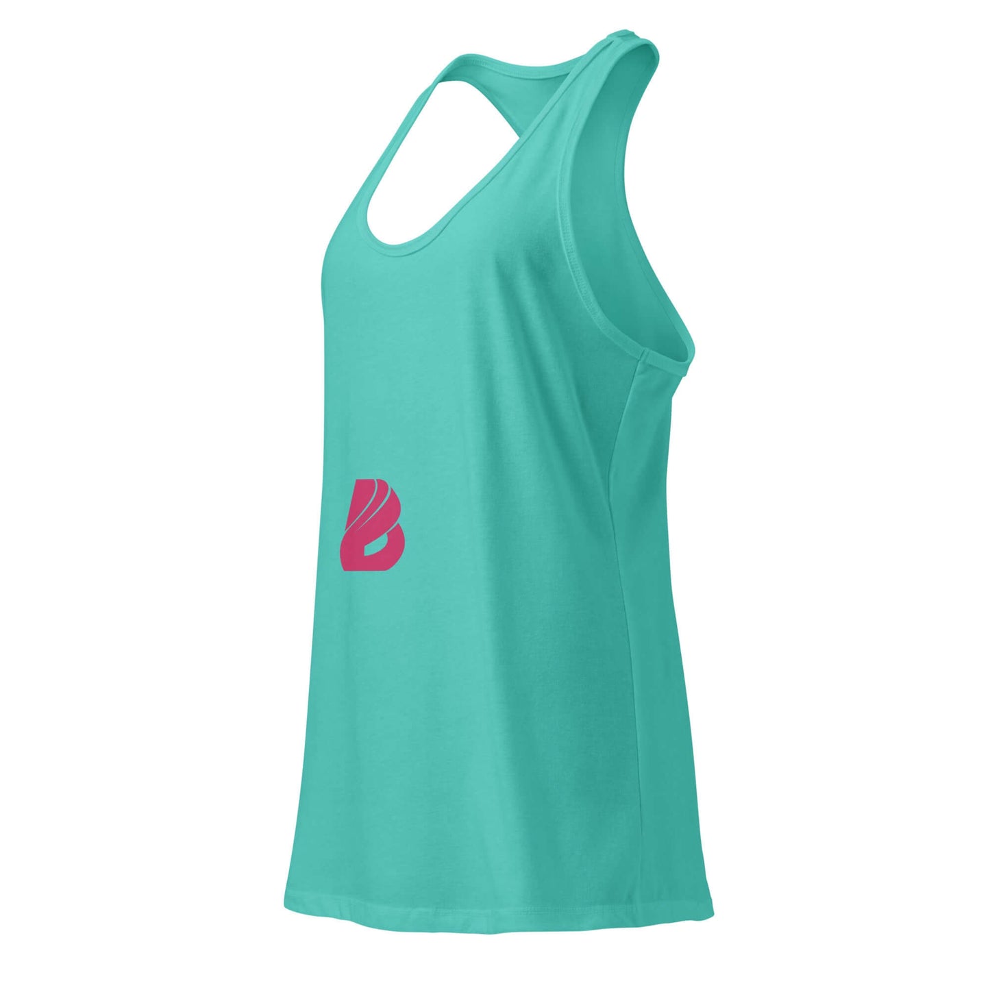 Ideales Racerback-Tanktop für Damen in Türkis, perfekt für Fitness oder Alltag, weiches und atmungsaktives Material, seitliche Ansicht.